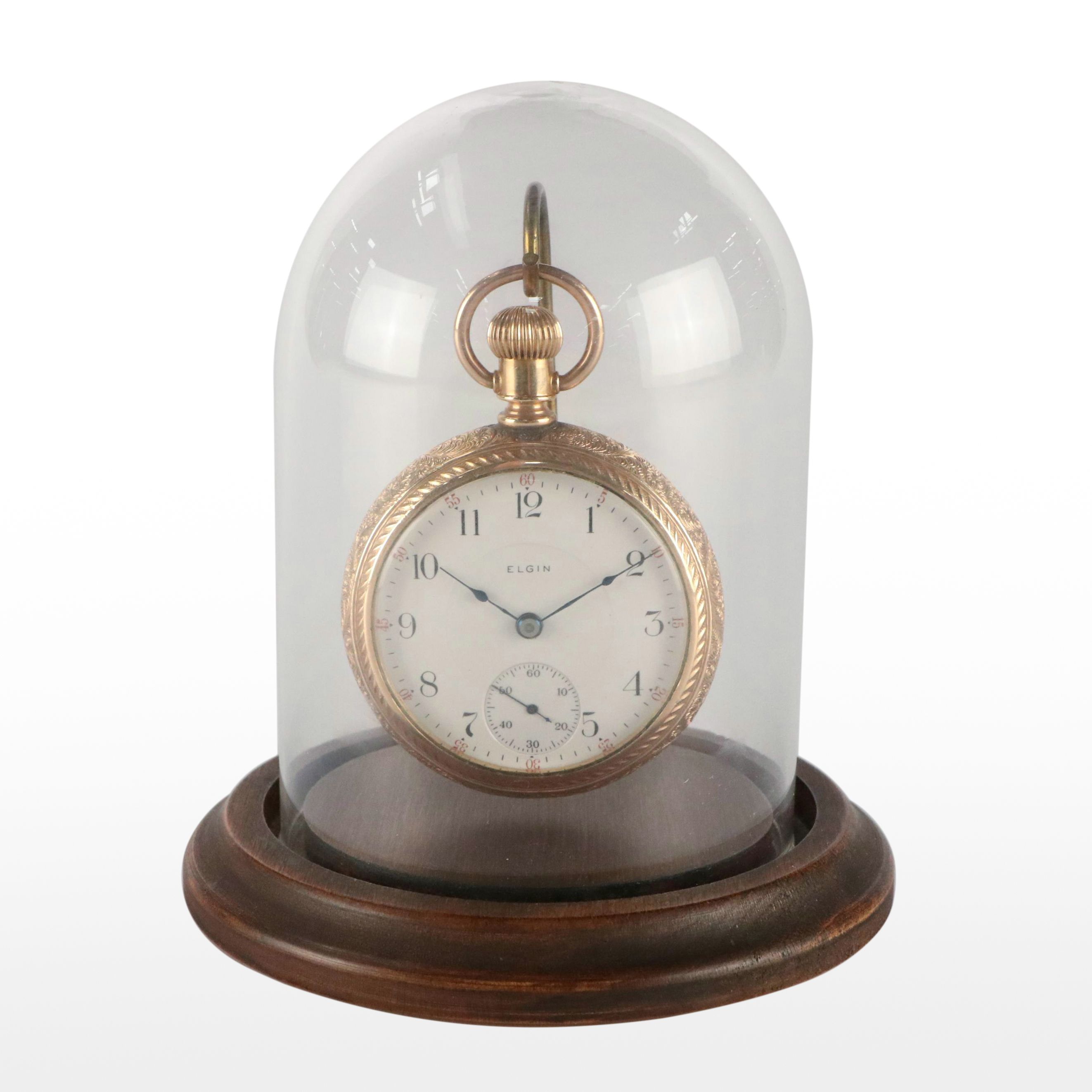 Elgin Gold Filled Pocket Watch in Glass Cloche Display