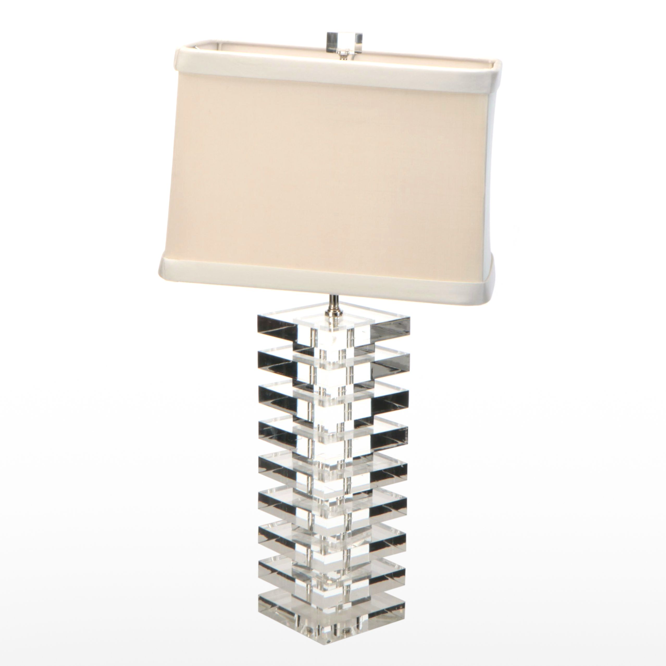 Stacked Acrylic Tower Table Lamp with Banded Silk Shade, 21st C