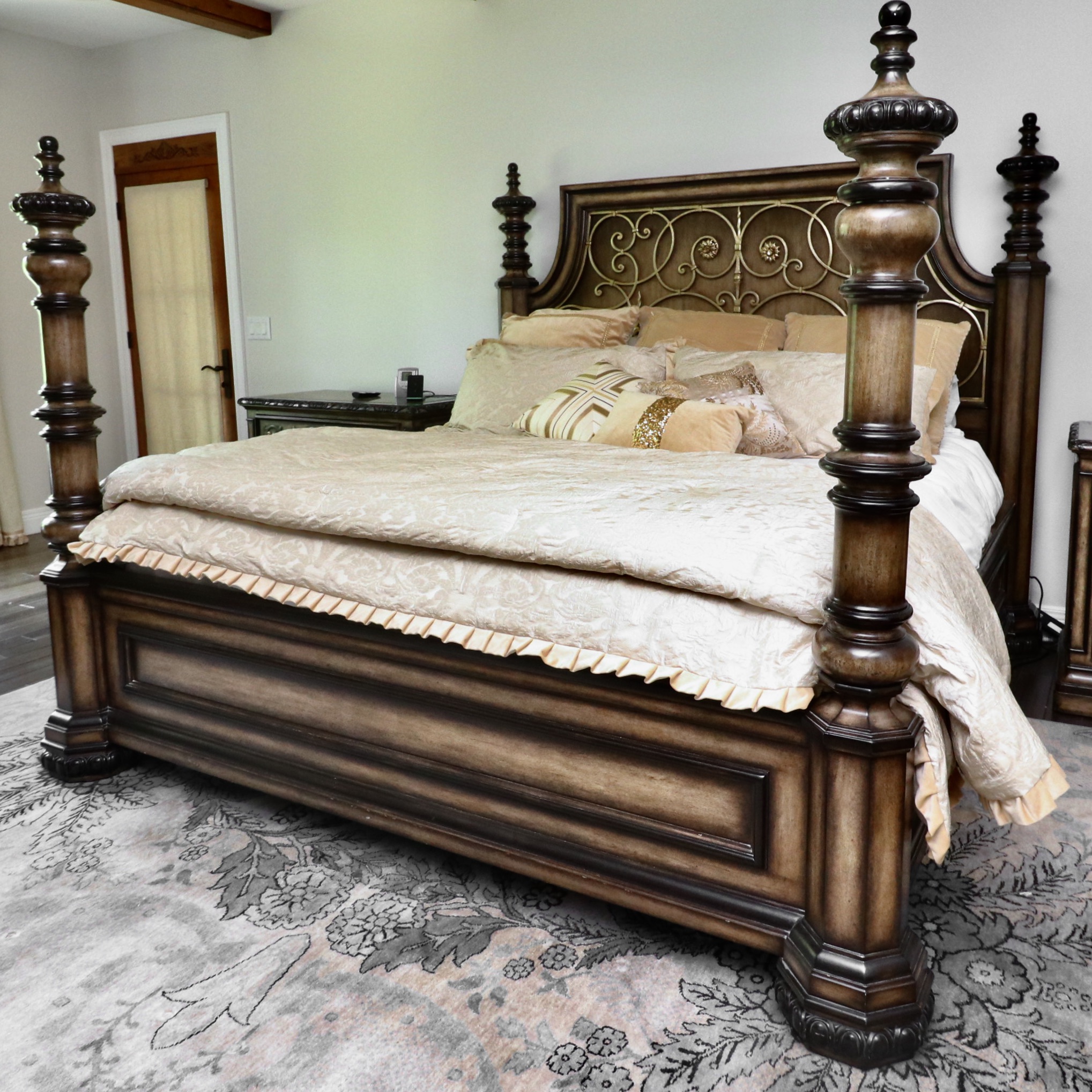 Marge Carson "Seville" Low Poster Iron Accent Bed and Michael Amini Bedding