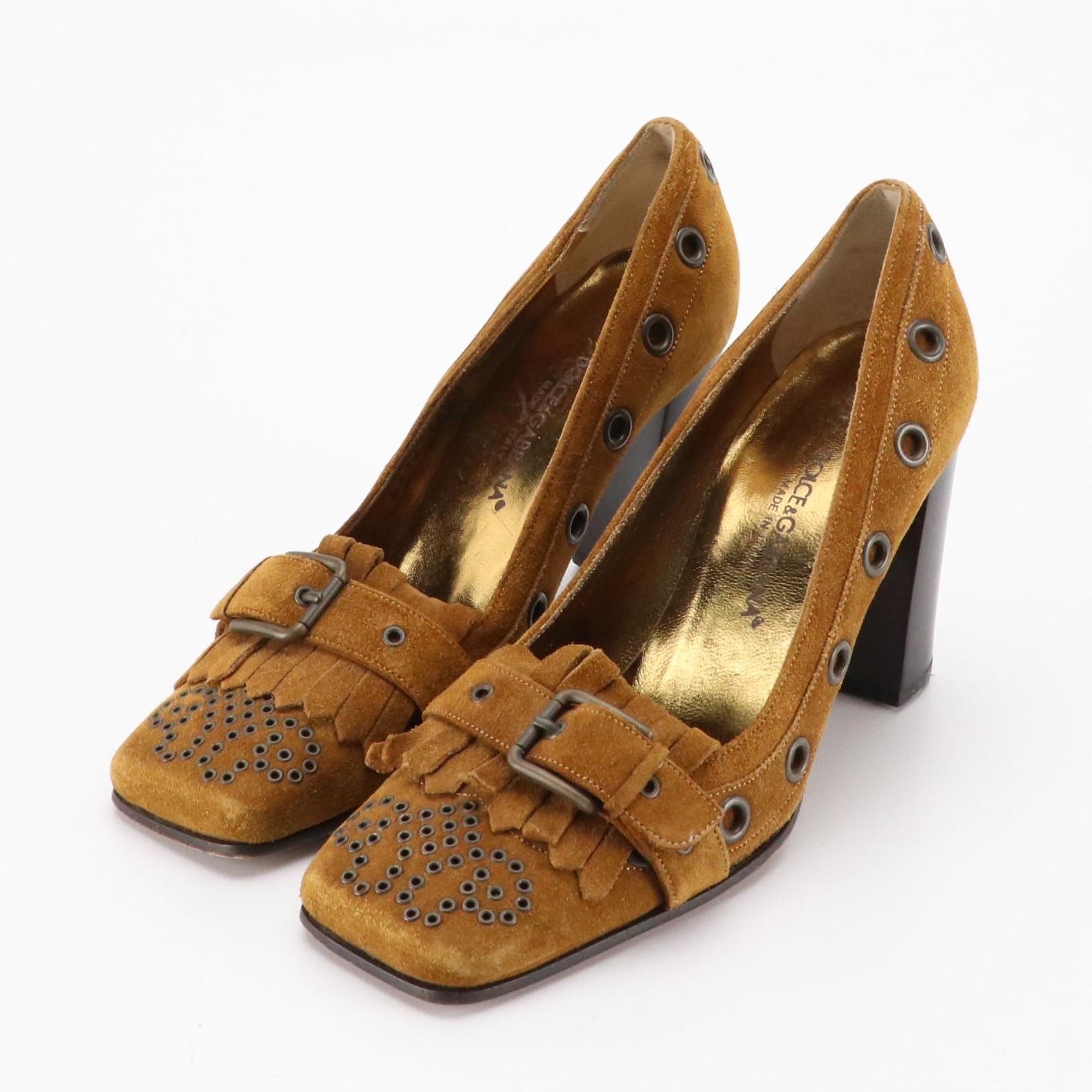 Dolce & Gabbana Block-Heel Tassel Loafers in Grommet Embellished Caramel Suede
