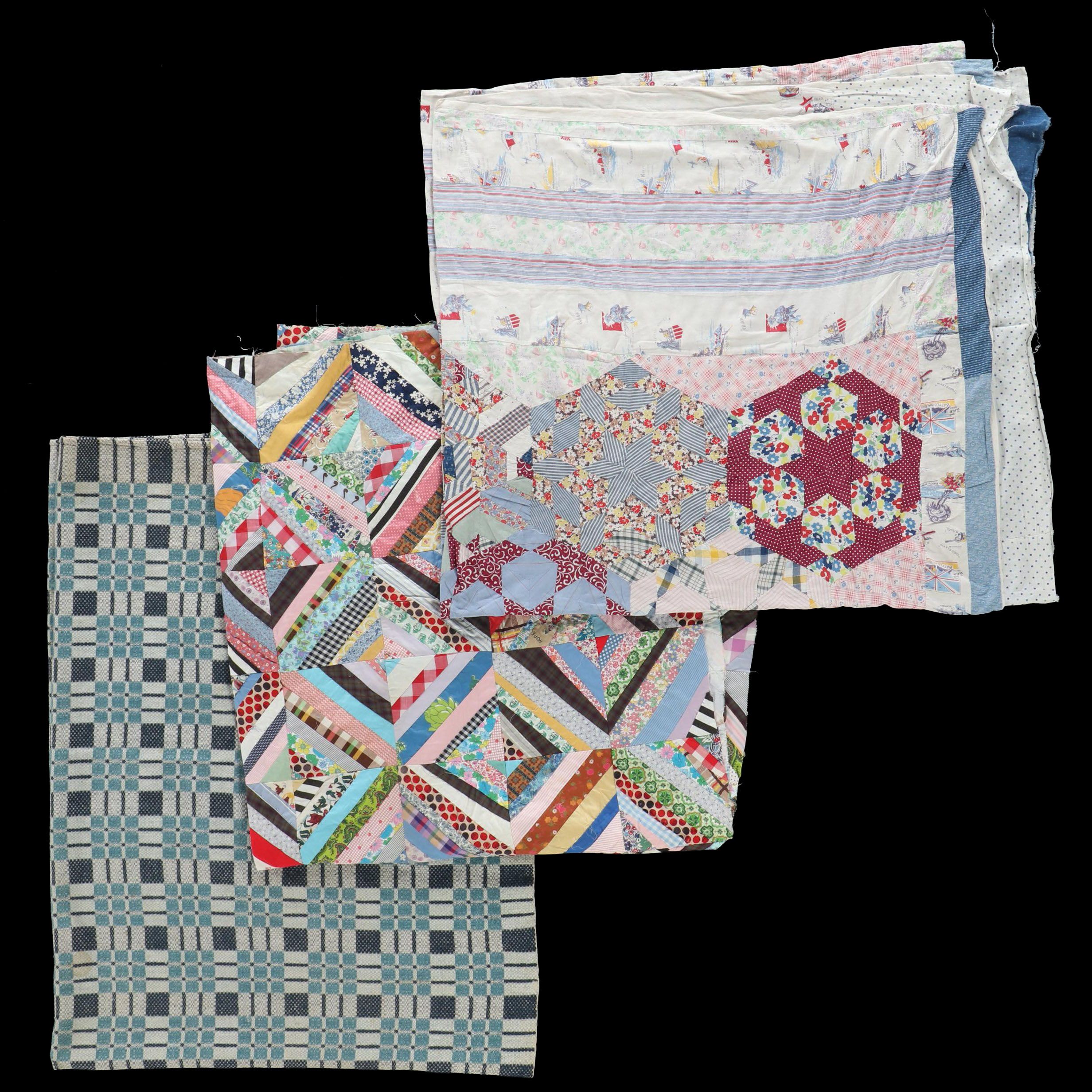 American Vintage Jacquard Woven Coverlet, "Log Cabin," Other Pieced Quilt Tops