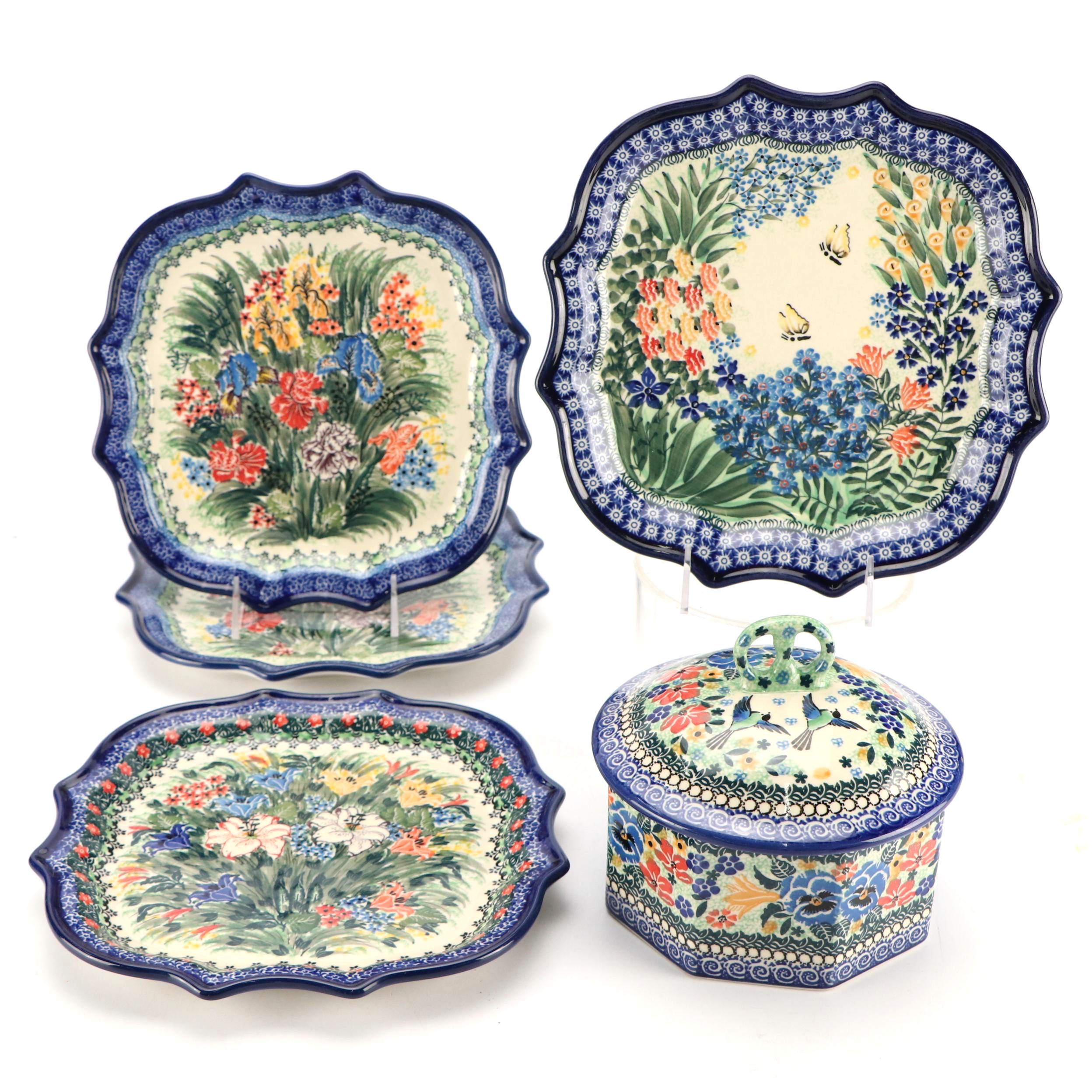 Unikat M. Starzyk "Peaceful Garden" & More Ceramic Lidded Bowl and Plates, 2008