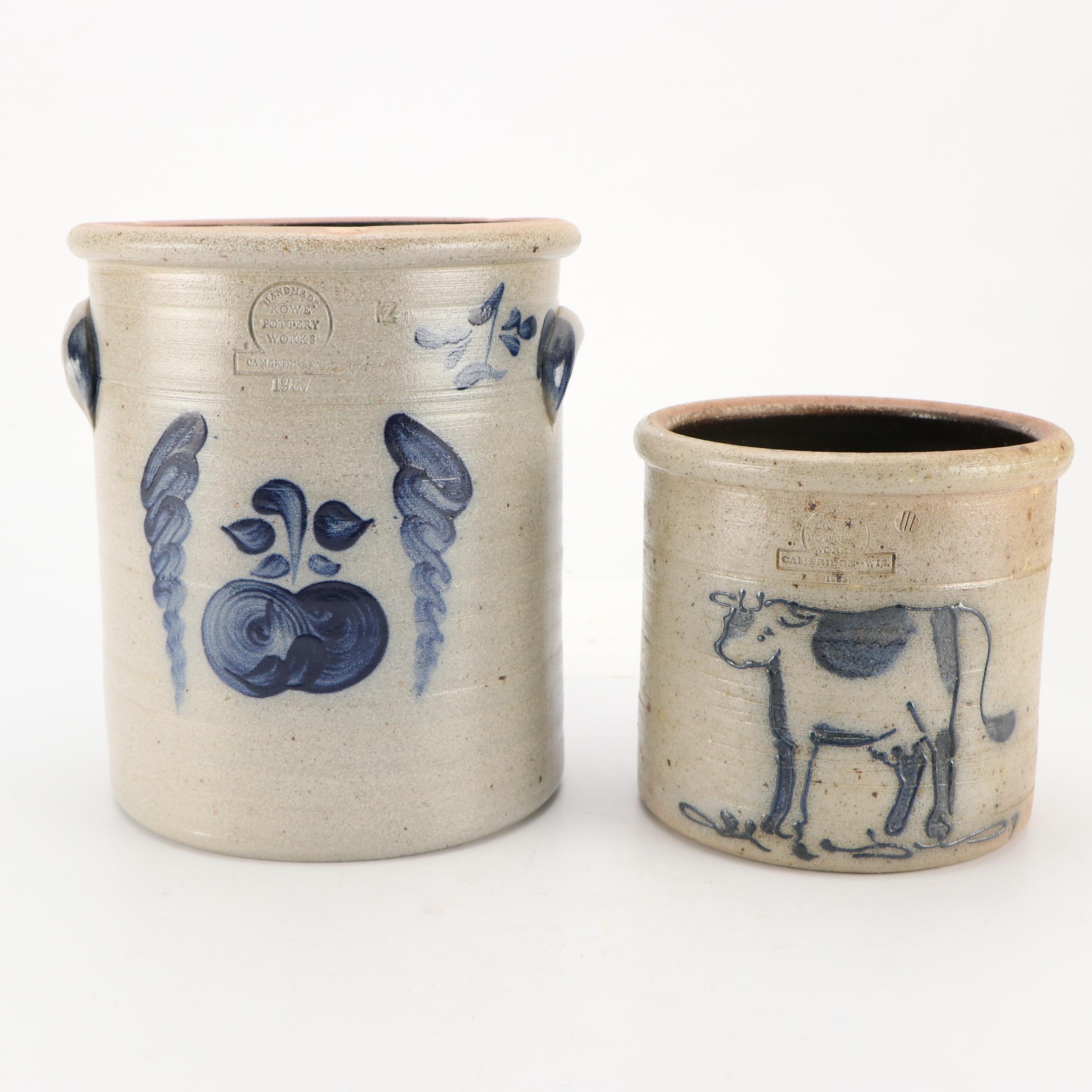 Rowe Pottery Works Stoneware Crocks with Bottle and Tankard