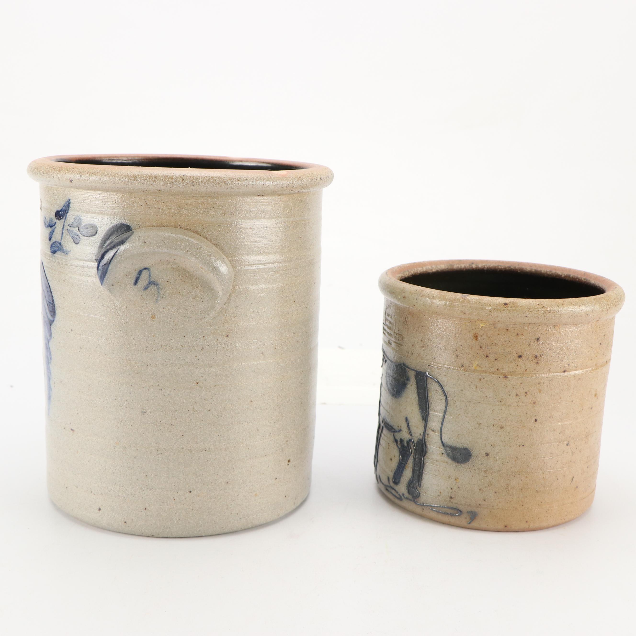 Rowe Pottery Works Stoneware Crocks with Bottle and Tankard