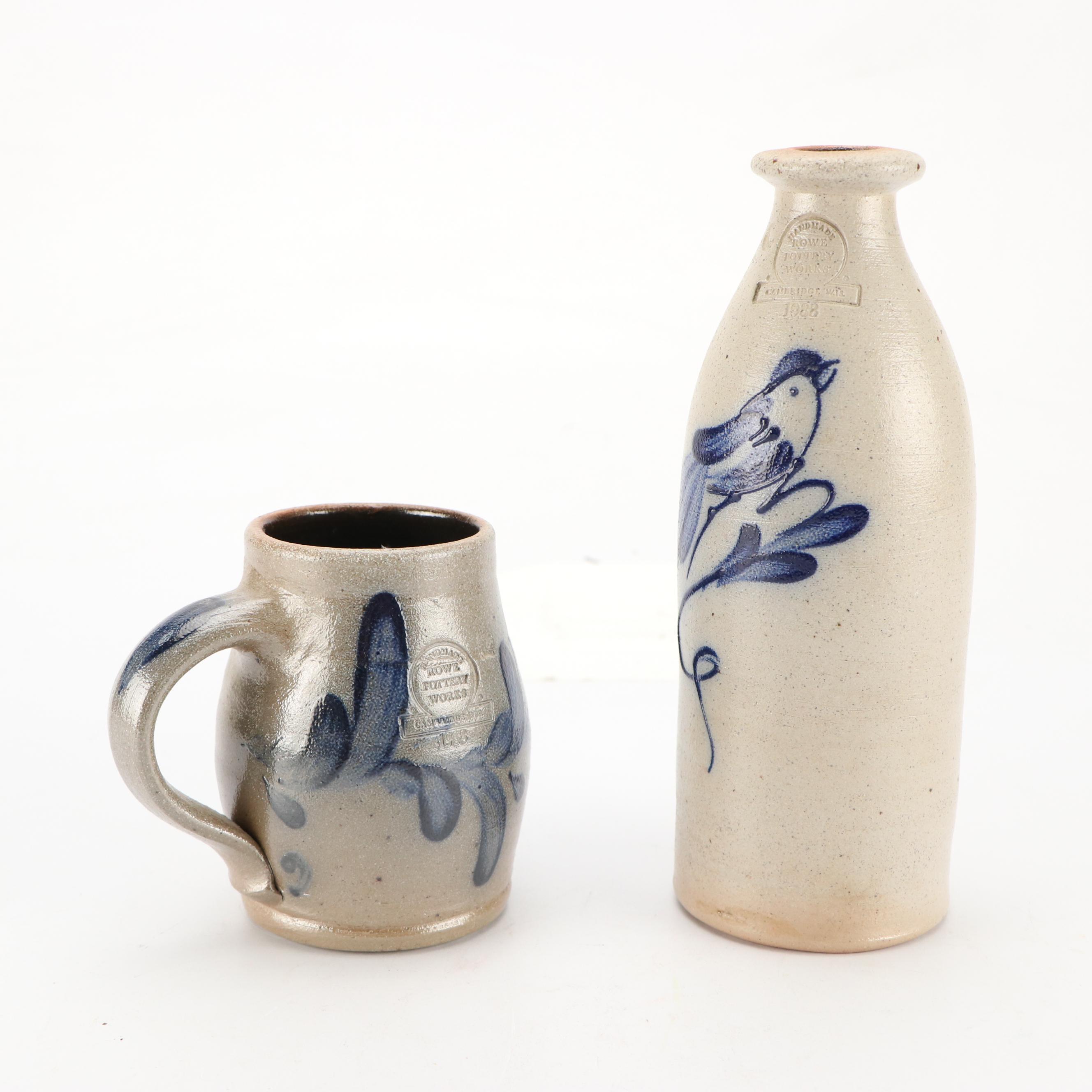 Rowe Pottery Works Stoneware Crocks with Bottle and Tankard