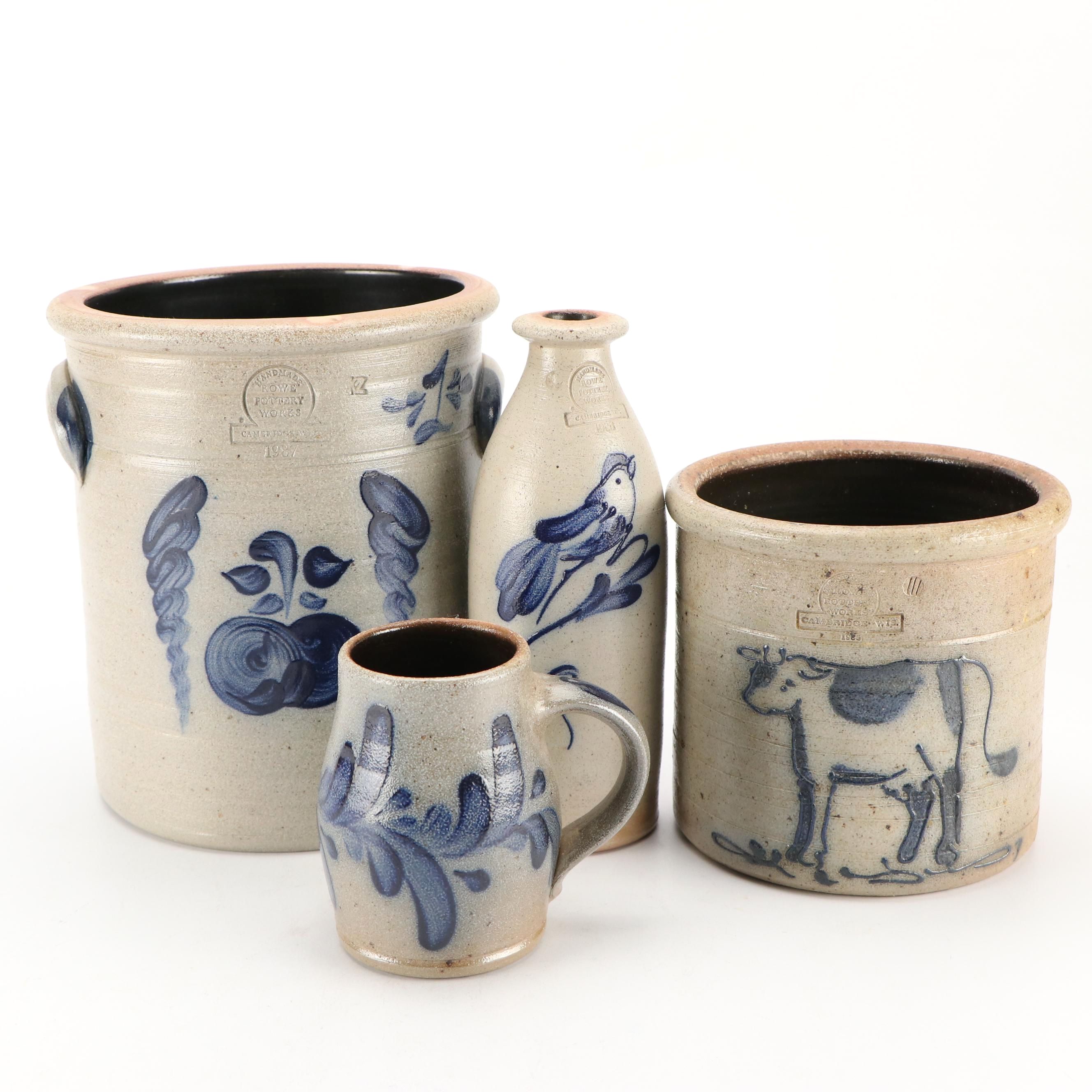 Rowe Pottery Works Stoneware Crocks with Bottle and Tankard
