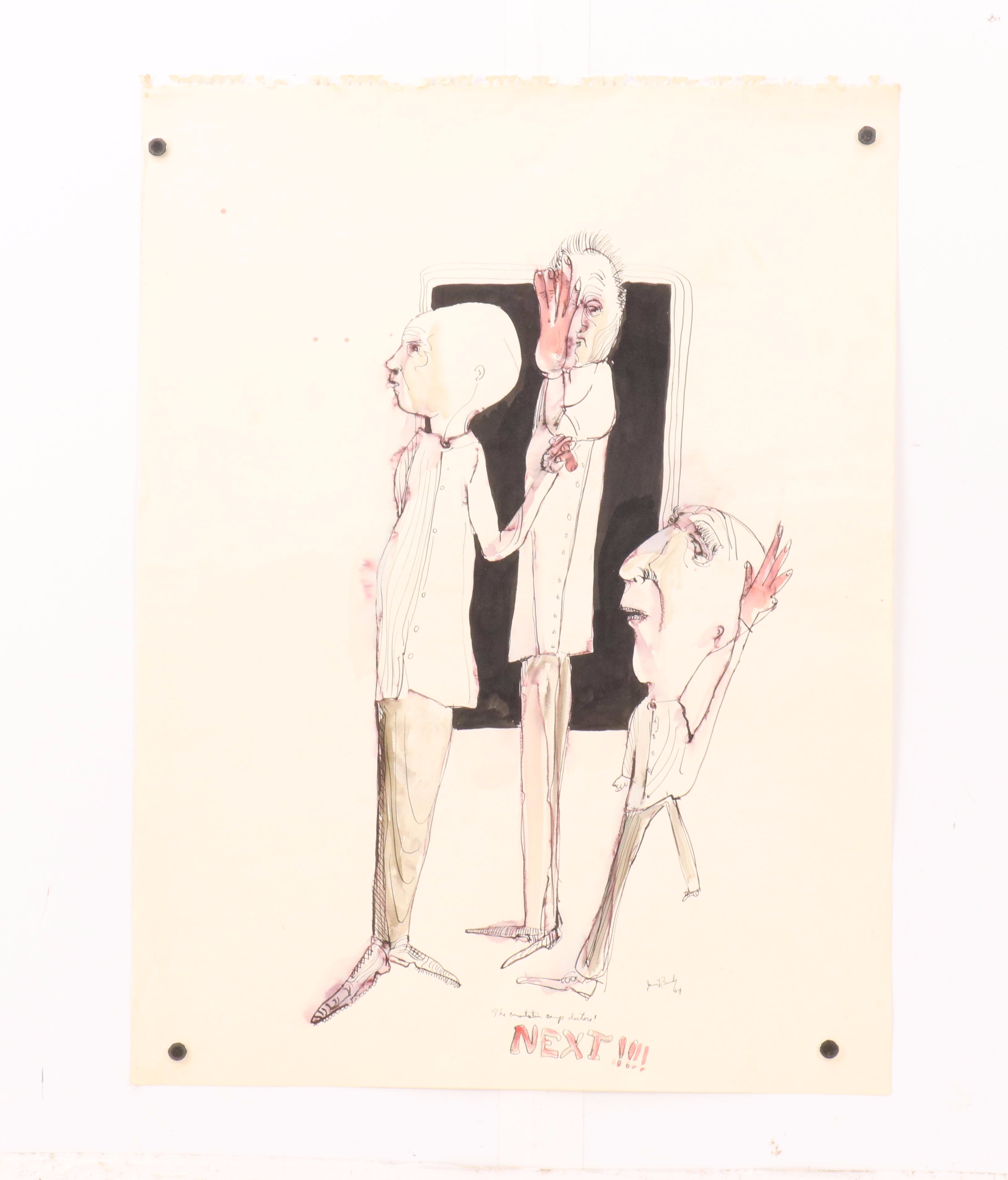James Bruch Ink and Watercolor Drawings "The Concentration Camp Doctors," 1964