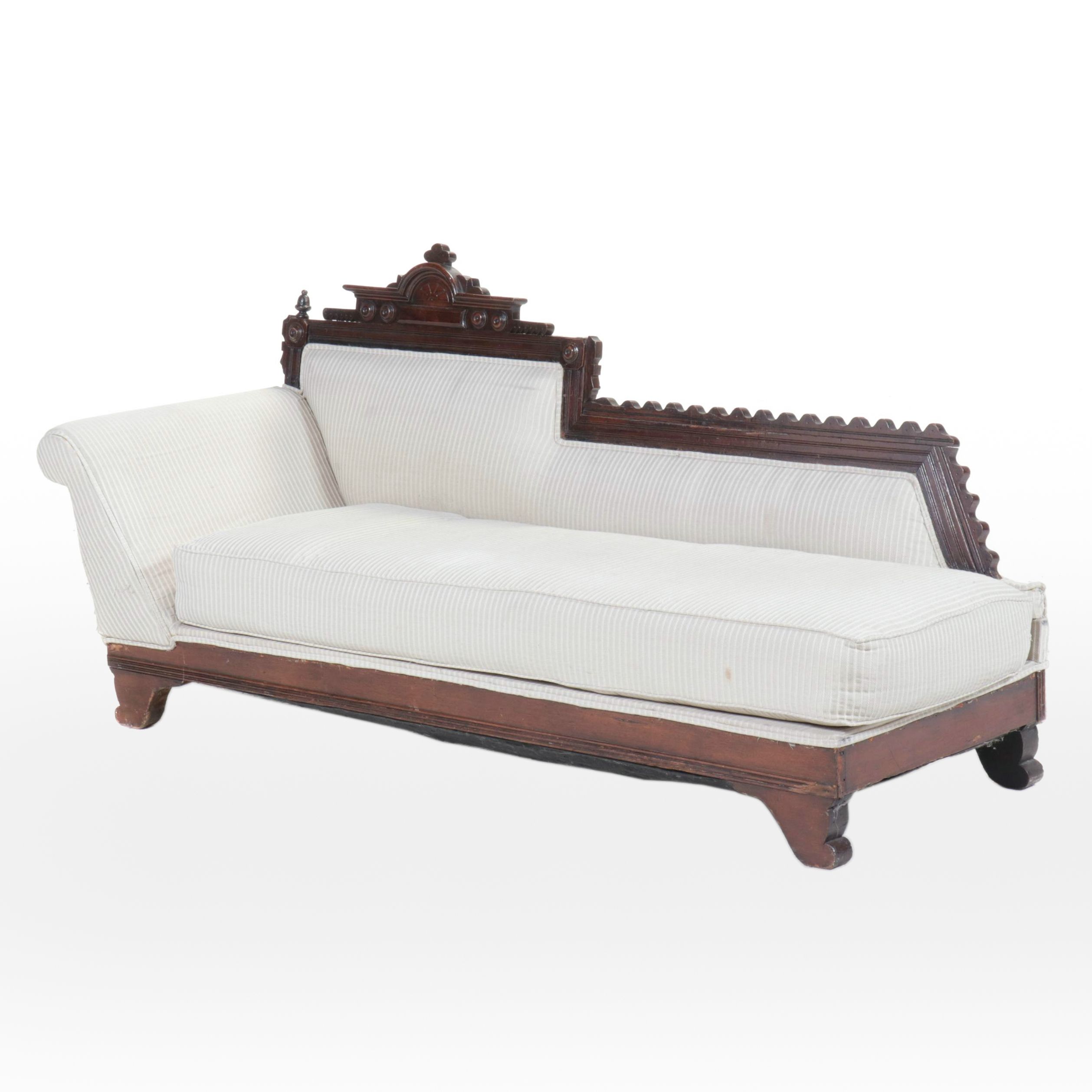 Victorian Eastlake Style Fabric Upholstered Carved Wood Chaise, Late 19th C.