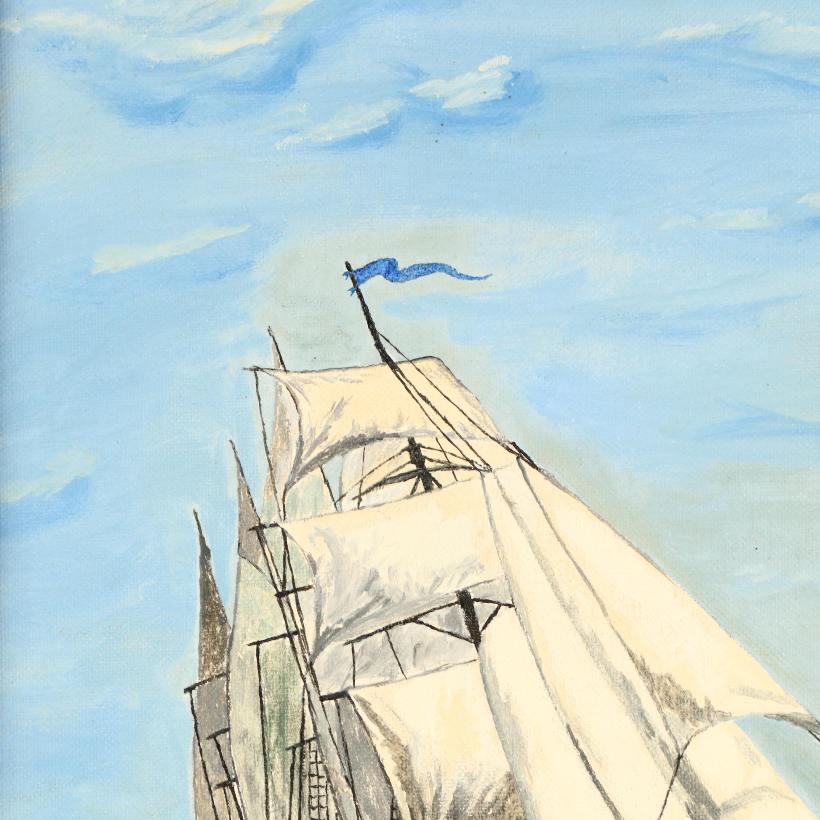 Maritime Oil Painting with Clipper Ship, Late 20th Century