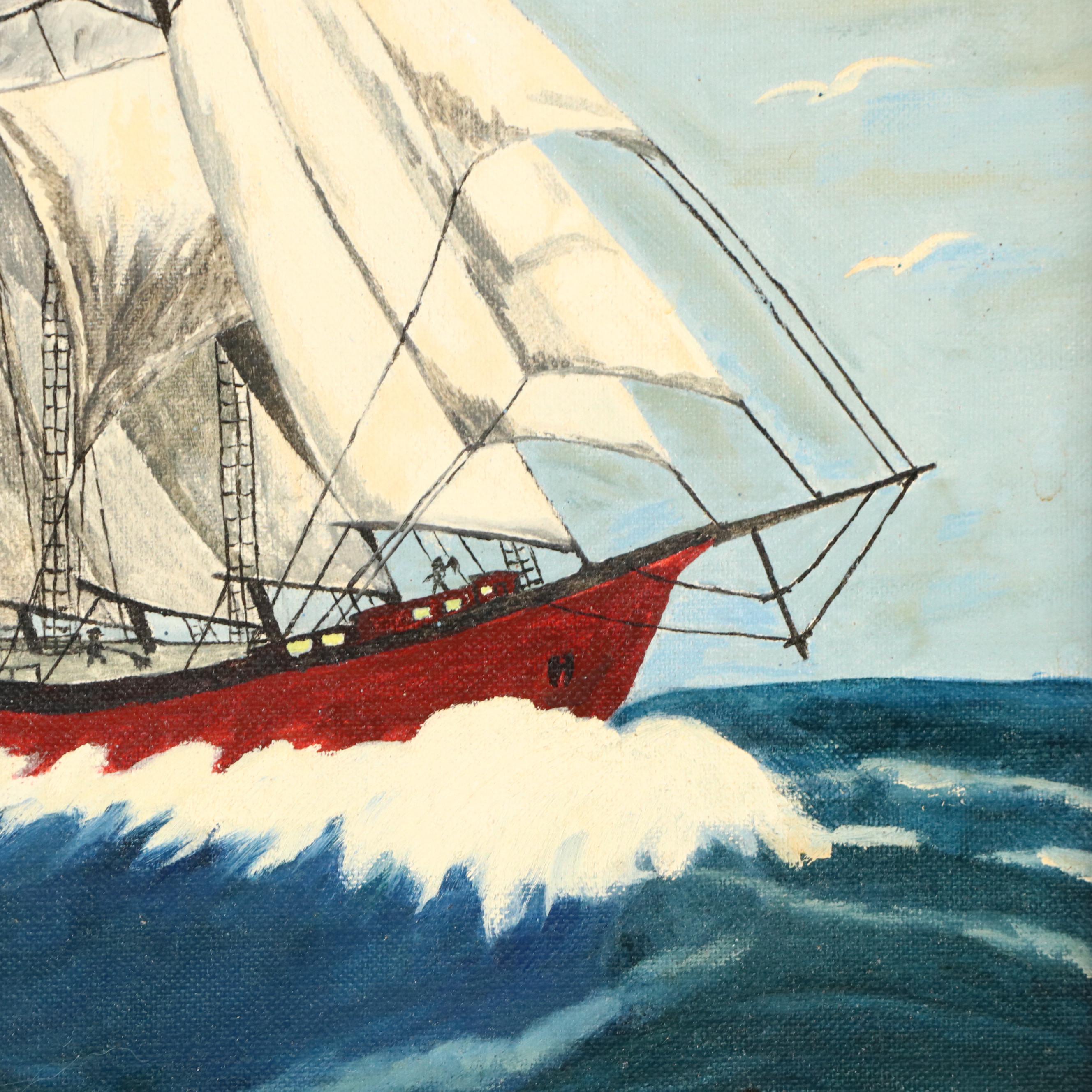 Maritime Oil Painting with Clipper Ship, Late 20th Century