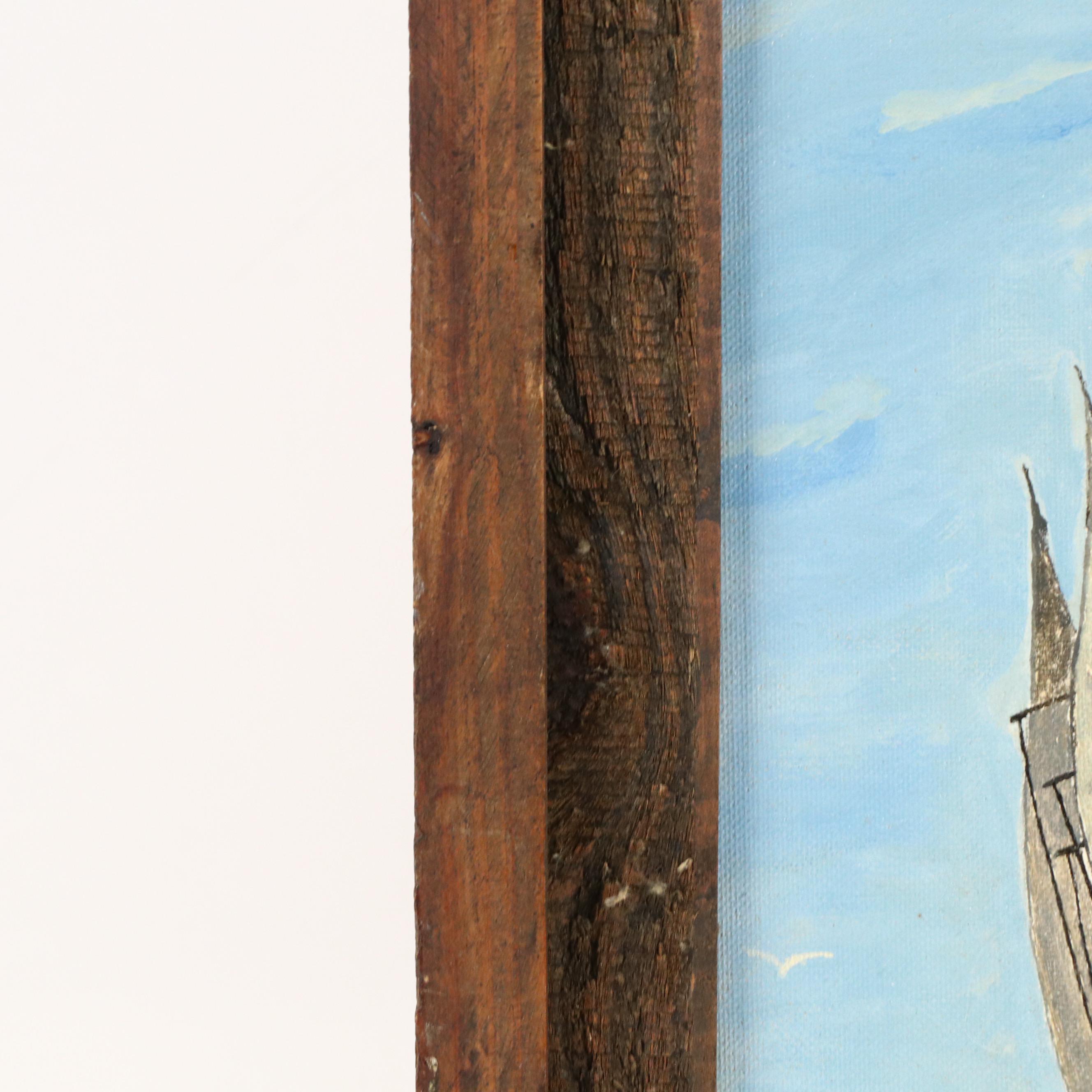 Maritime Oil Painting with Clipper Ship, Late 20th Century