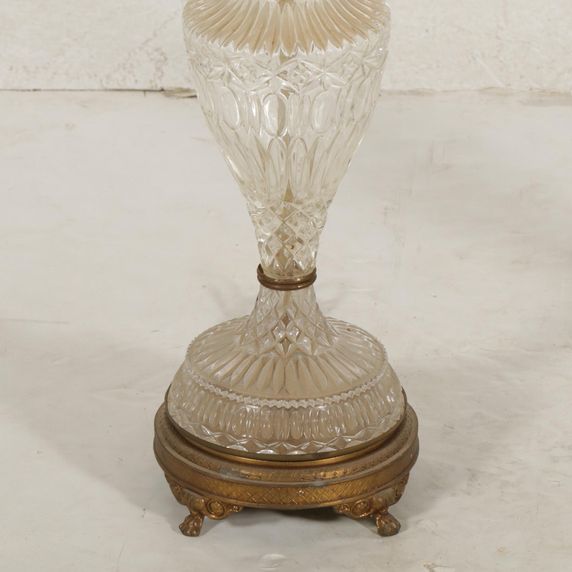 Hollywood Regency Glass & Brass Table Lamps with Custom Drum Shades, Vintage