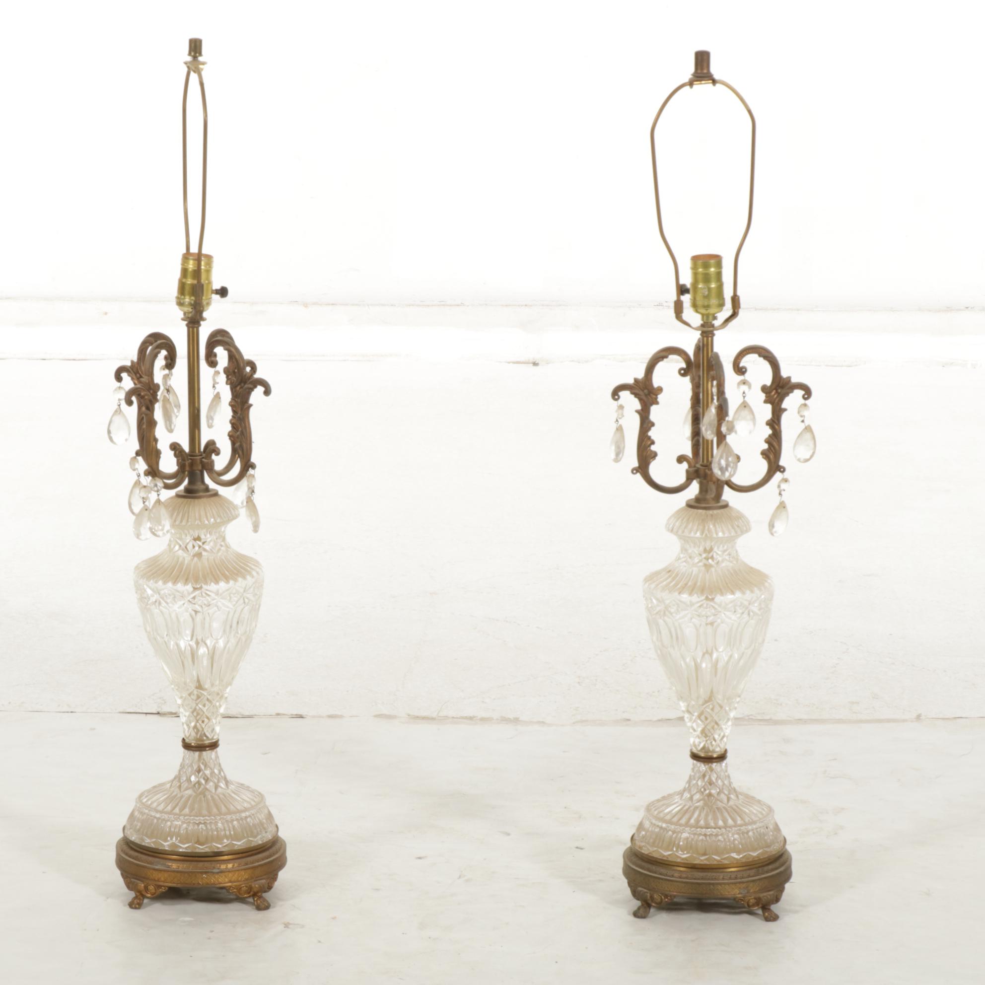 Hollywood Regency Glass & Brass Table Lamps with Custom Drum Shades, Vintage