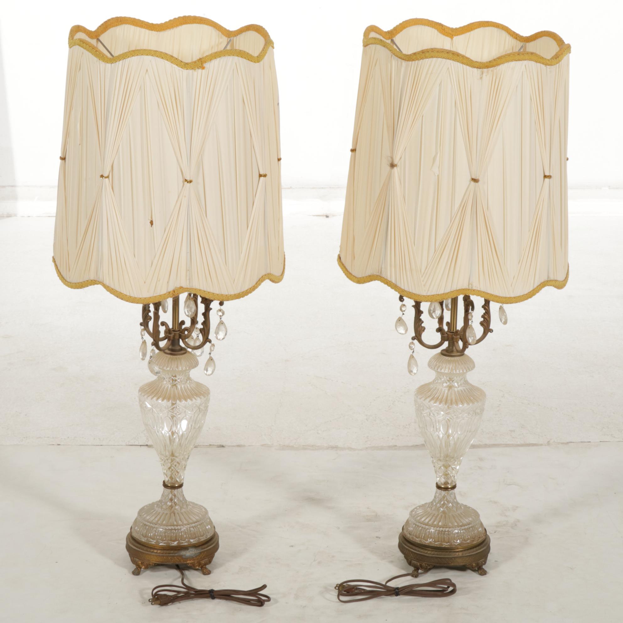 Hollywood Regency Glass & Brass Table Lamps with Custom Drum Shades, Vintage