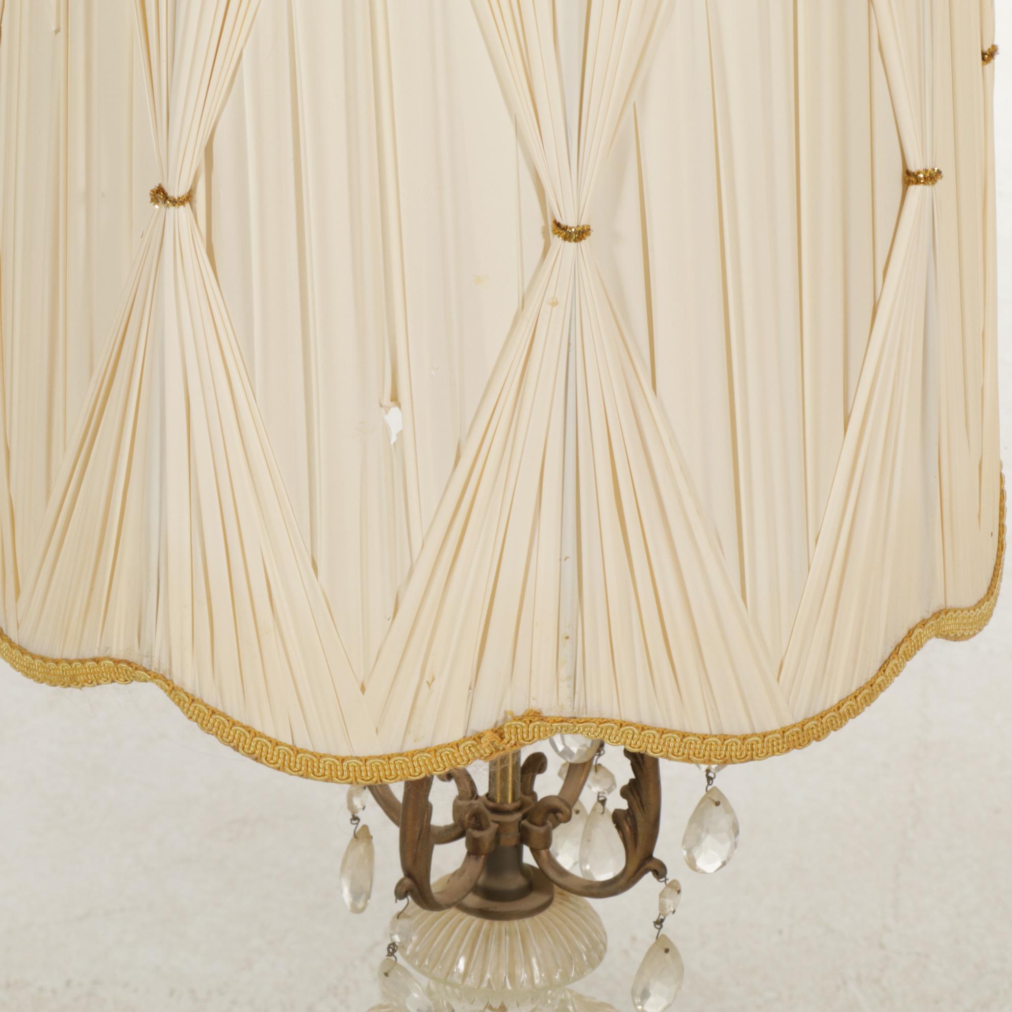 Hollywood Regency Glass & Brass Table Lamps with Custom Drum Shades, Vintage