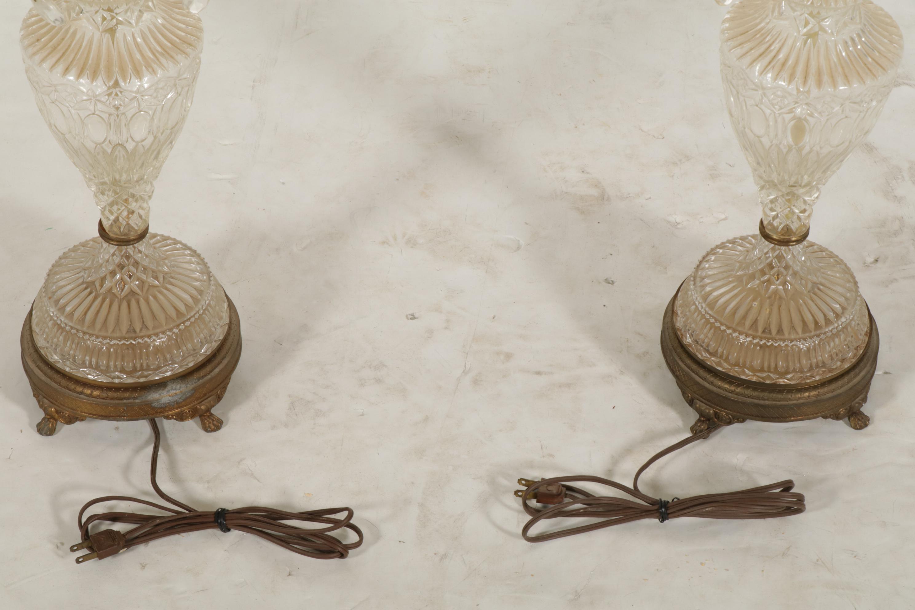 Hollywood Regency Glass & Brass Table Lamps with Custom Drum Shades, Vintage