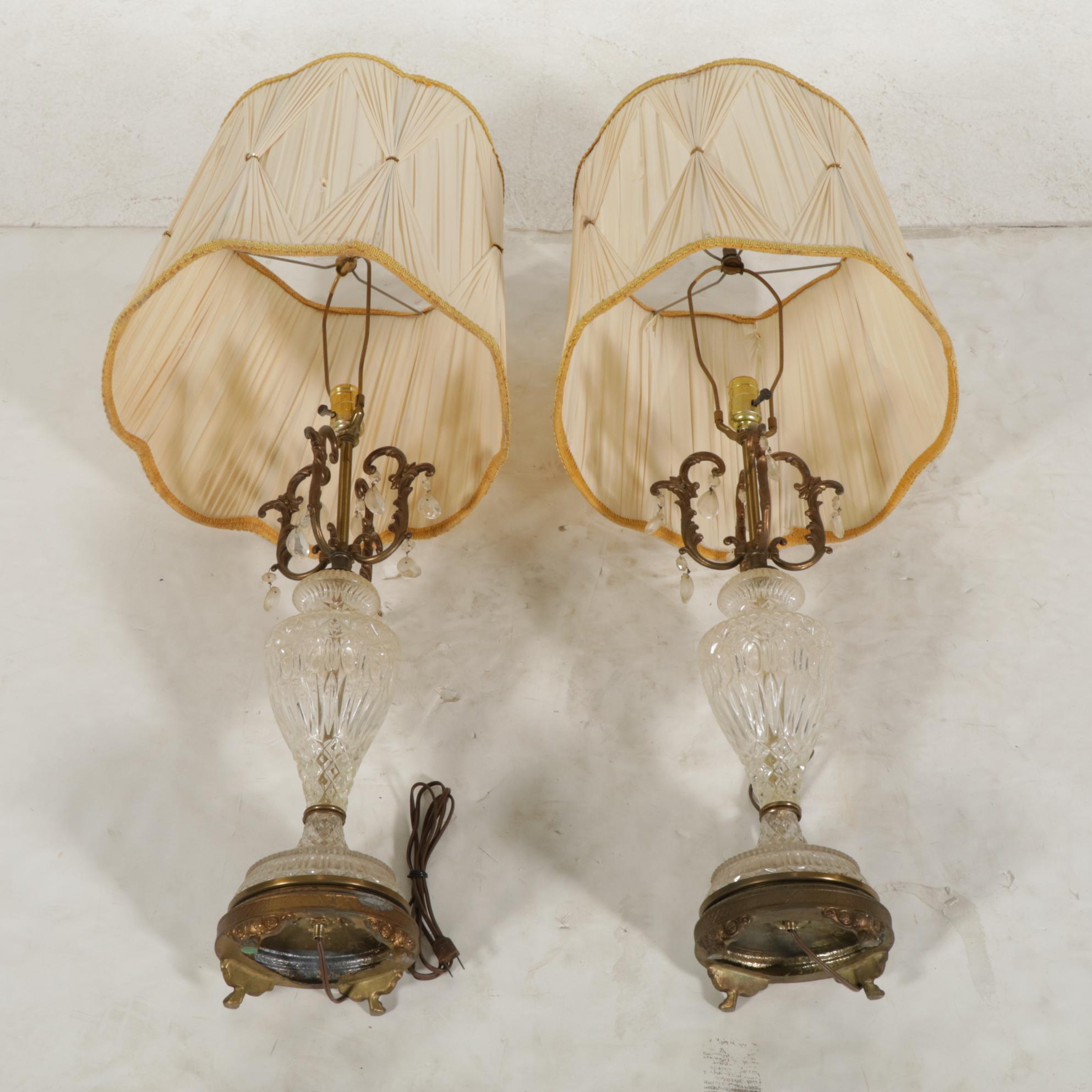 Hollywood Regency Glass & Brass Table Lamps with Custom Drum Shades, Vintage