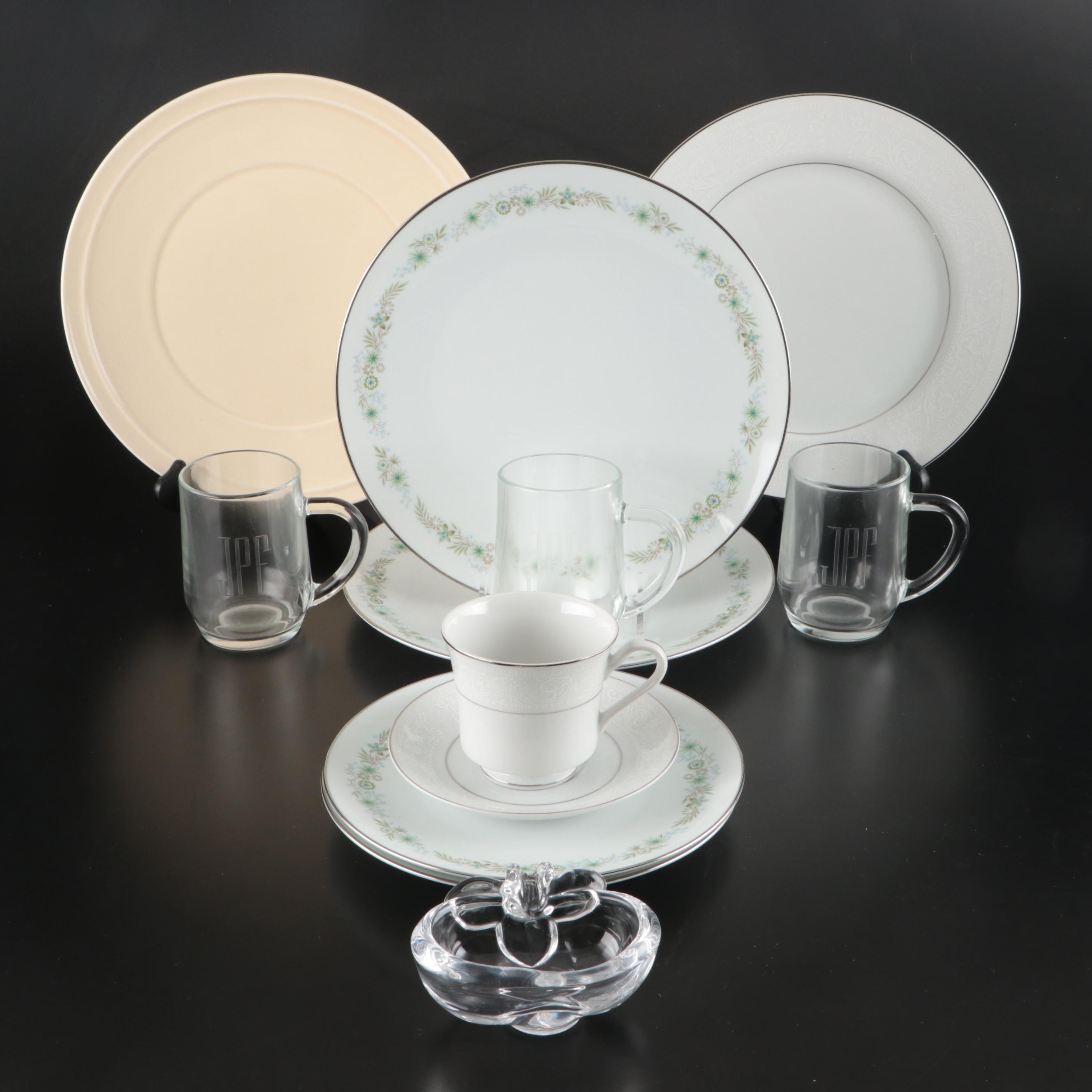 Noritake, Salem, and Other Ceramic Dinnerware with Art Vannes Crystal Ashtray