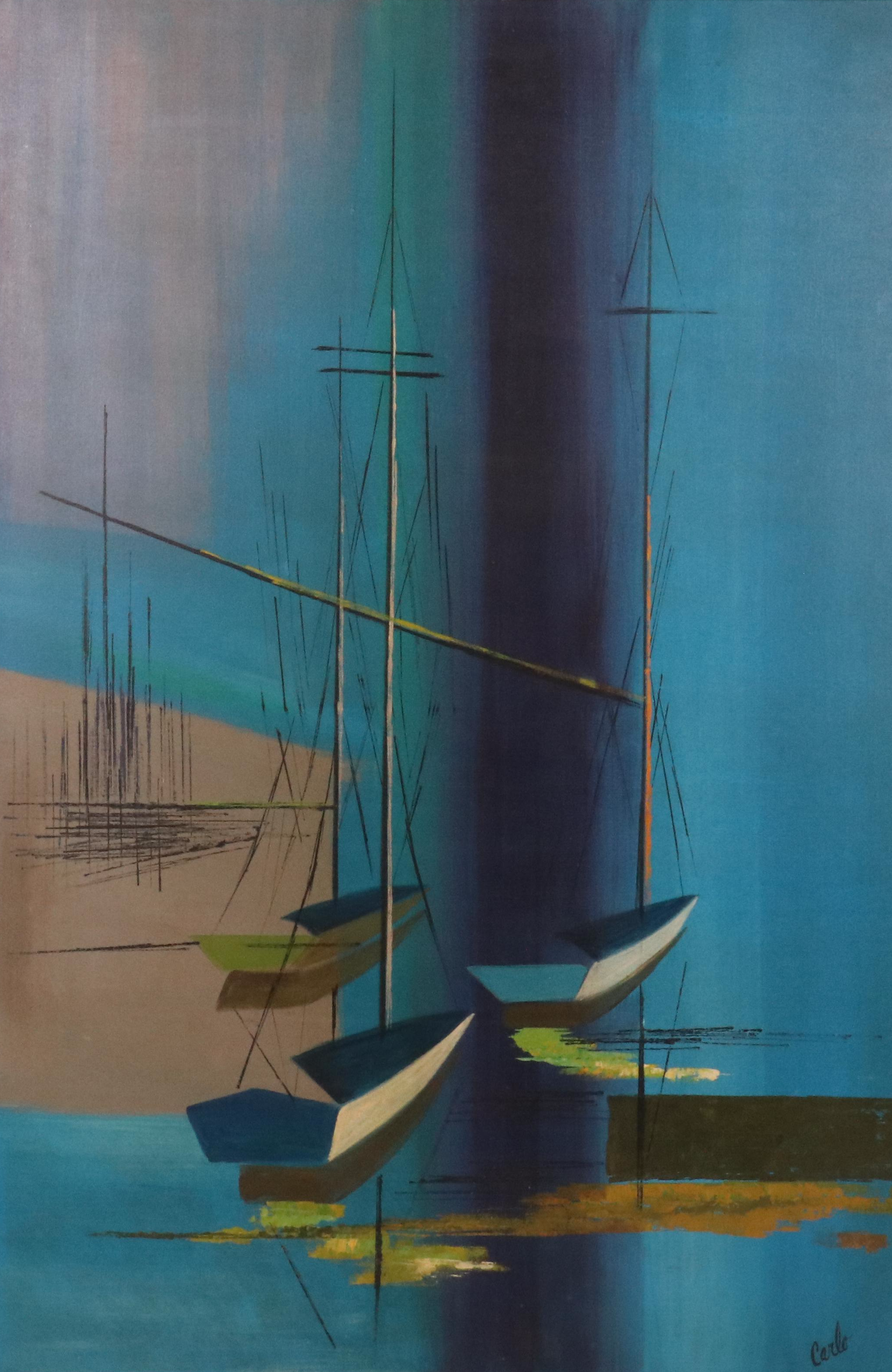 Carlo of Hollywood Oil Painting of Abstracted Sailboats, Mid-20th Century