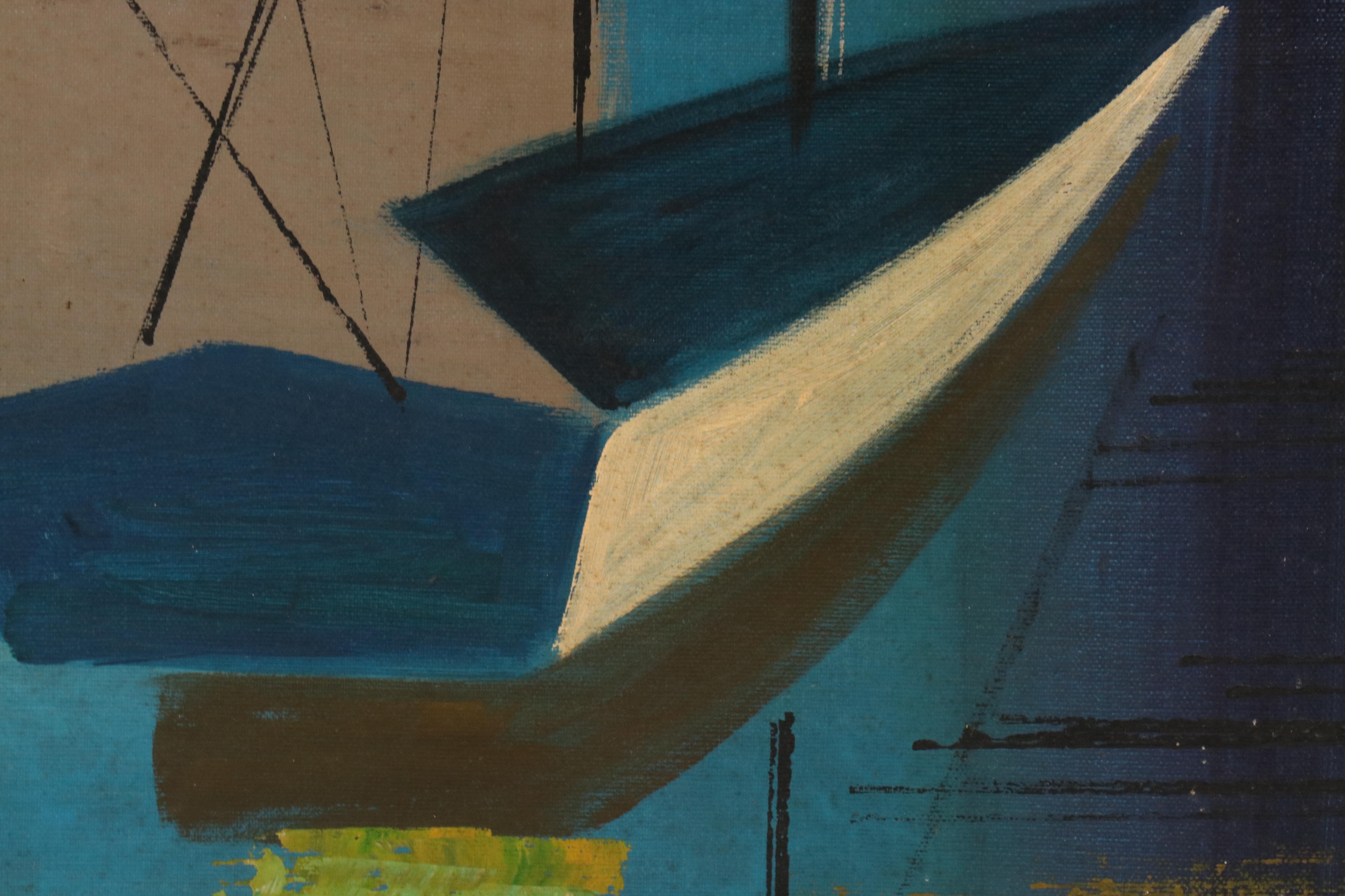 Carlo of Hollywood Oil Painting of Abstracted Sailboats, Mid-20th Century