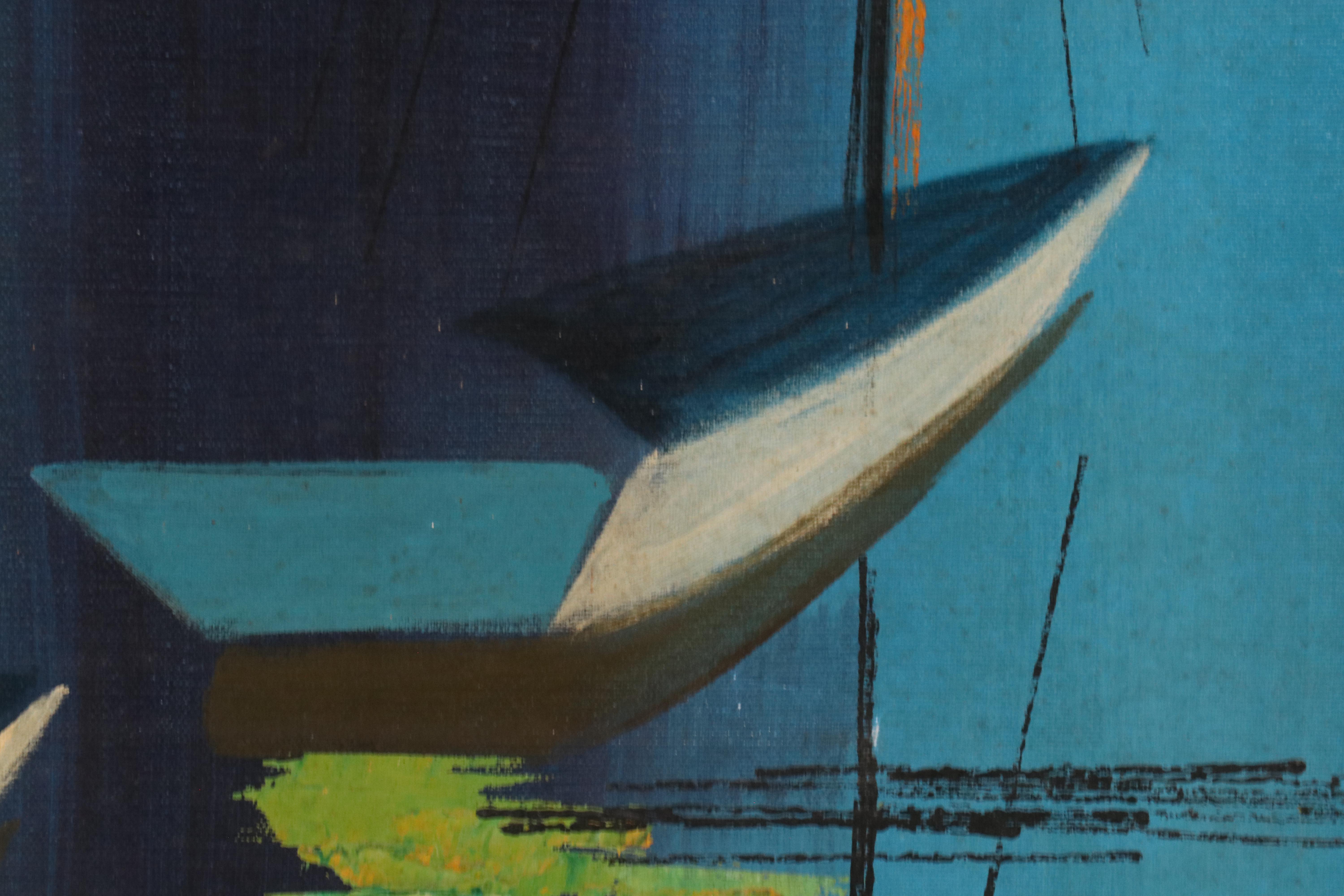 Carlo of Hollywood Oil Painting of Abstracted Sailboats, Mid-20th Century