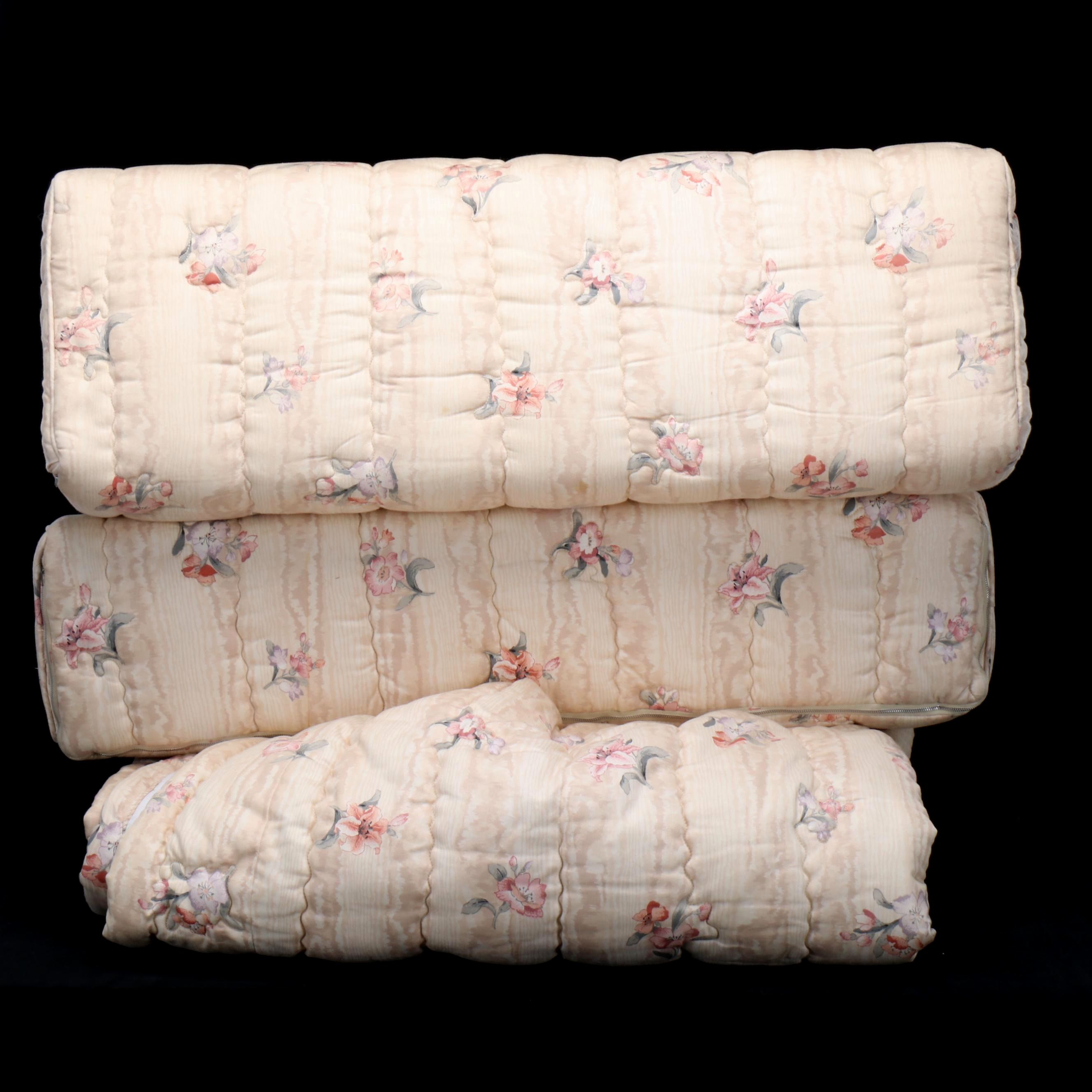 Moire and Floral Print Bedspread with Matching Headboard Wedge Pillows