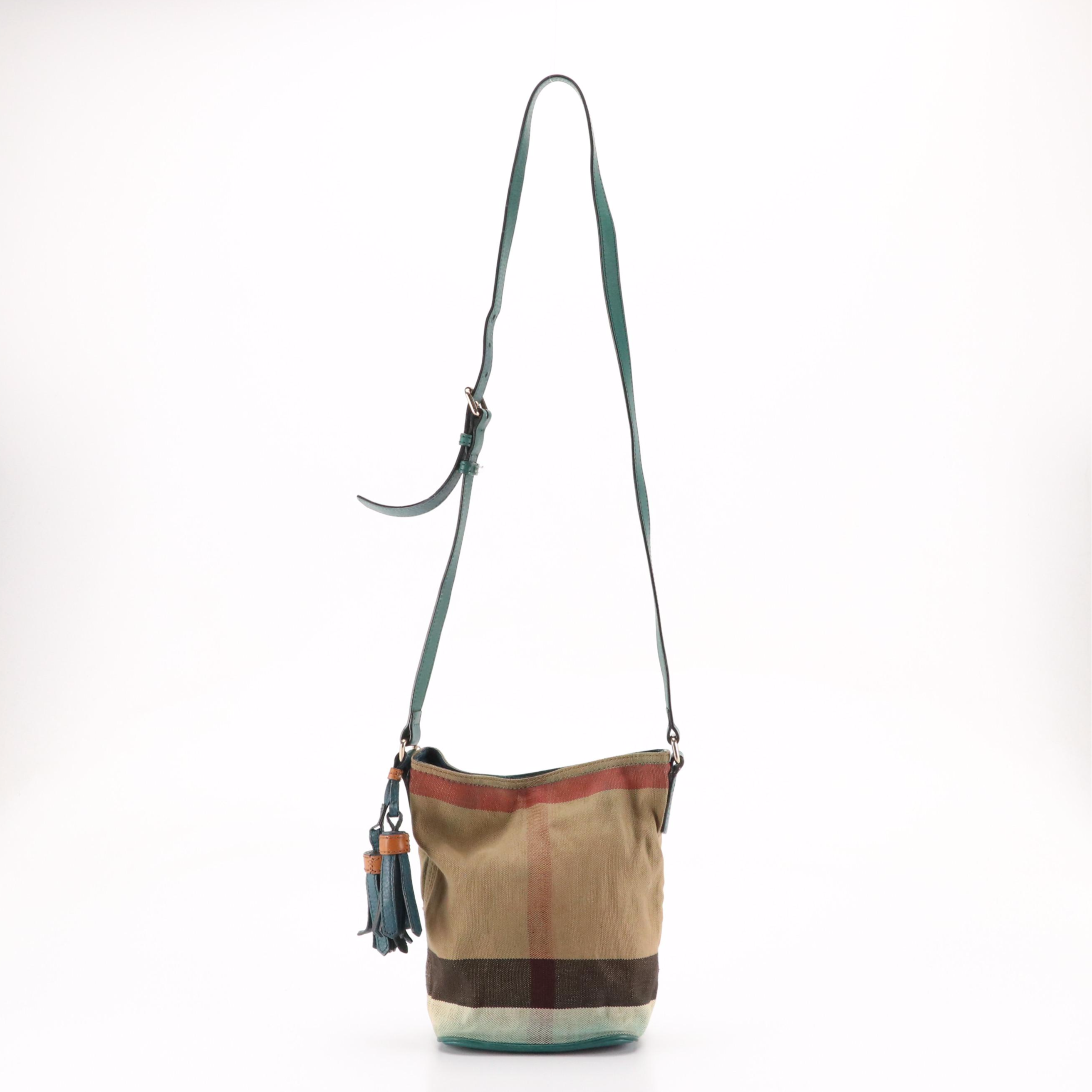 Burberry Ashby Bucket Bag in "Exploded Check" Canvas and Green Leather