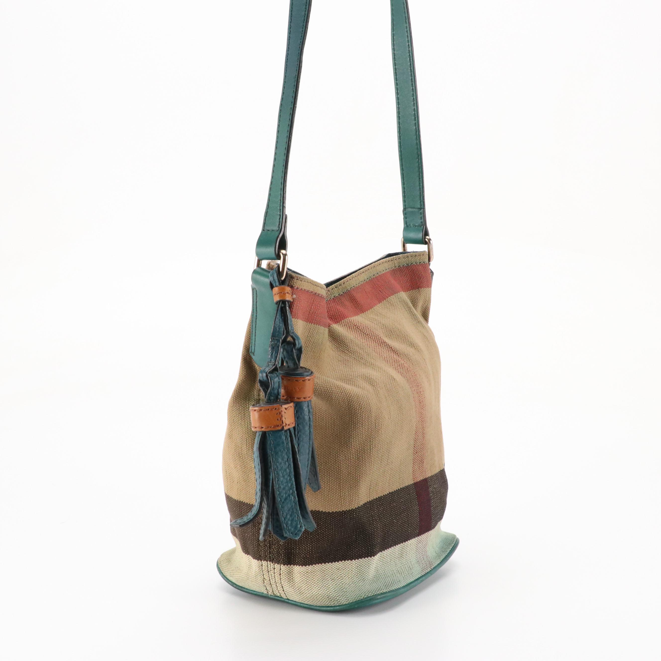 Burberry Ashby Bucket Bag in "Exploded Check" Canvas and Green Leather