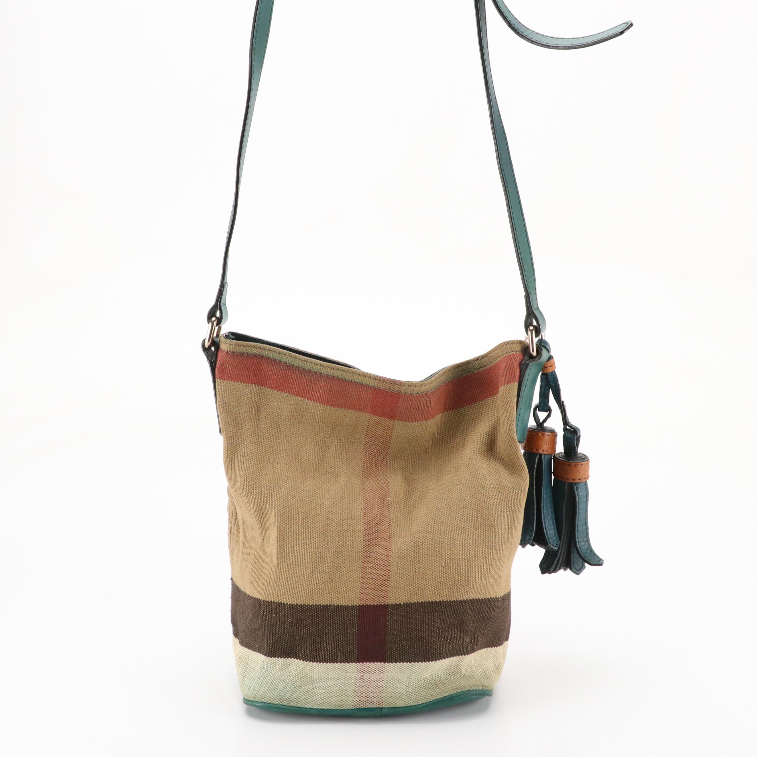Burberry Ashby Bucket Bag in "Exploded Check" Canvas and Green Leather