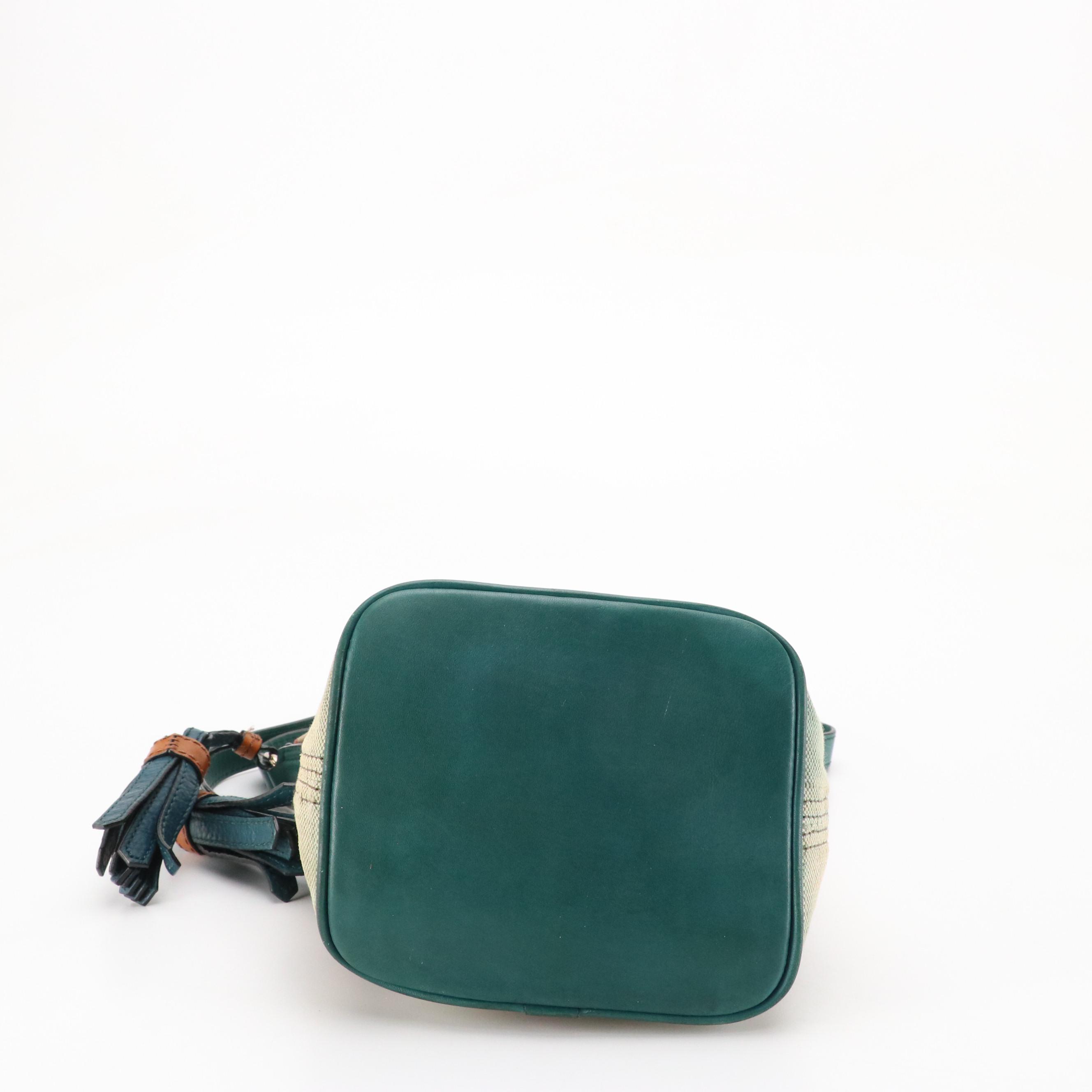 Burberry Ashby Bucket Bag in "Exploded Check" Canvas and Green Leather