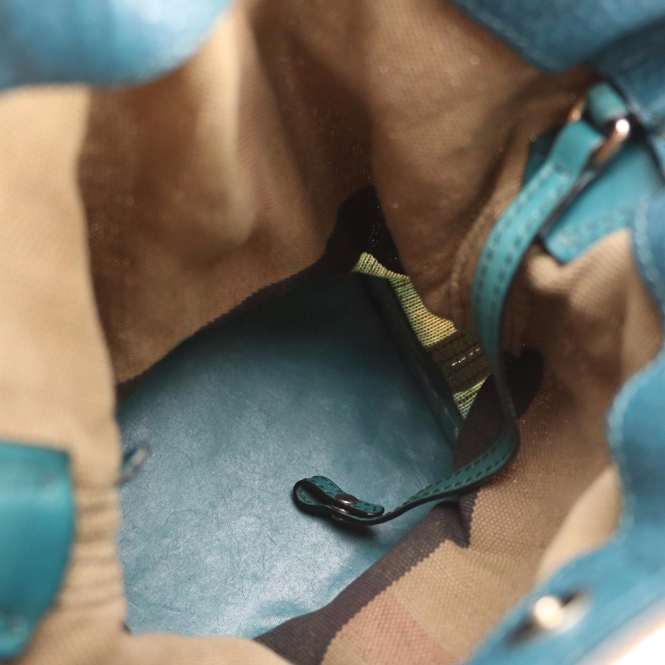 Burberry Ashby Bucket Bag in "Exploded Check" Canvas and Green Leather