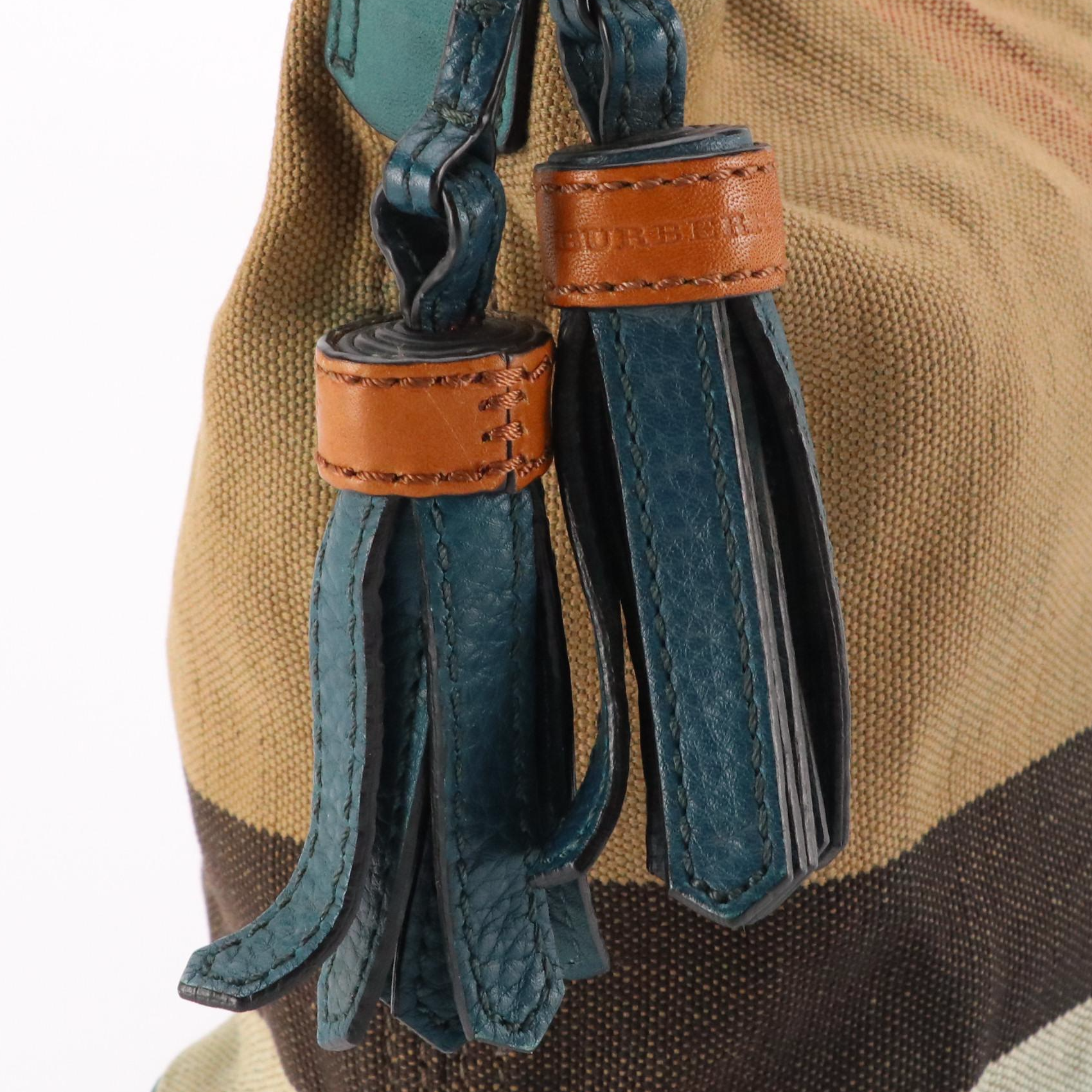 Burberry Ashby Bucket Bag in "Exploded Check" Canvas and Green Leather