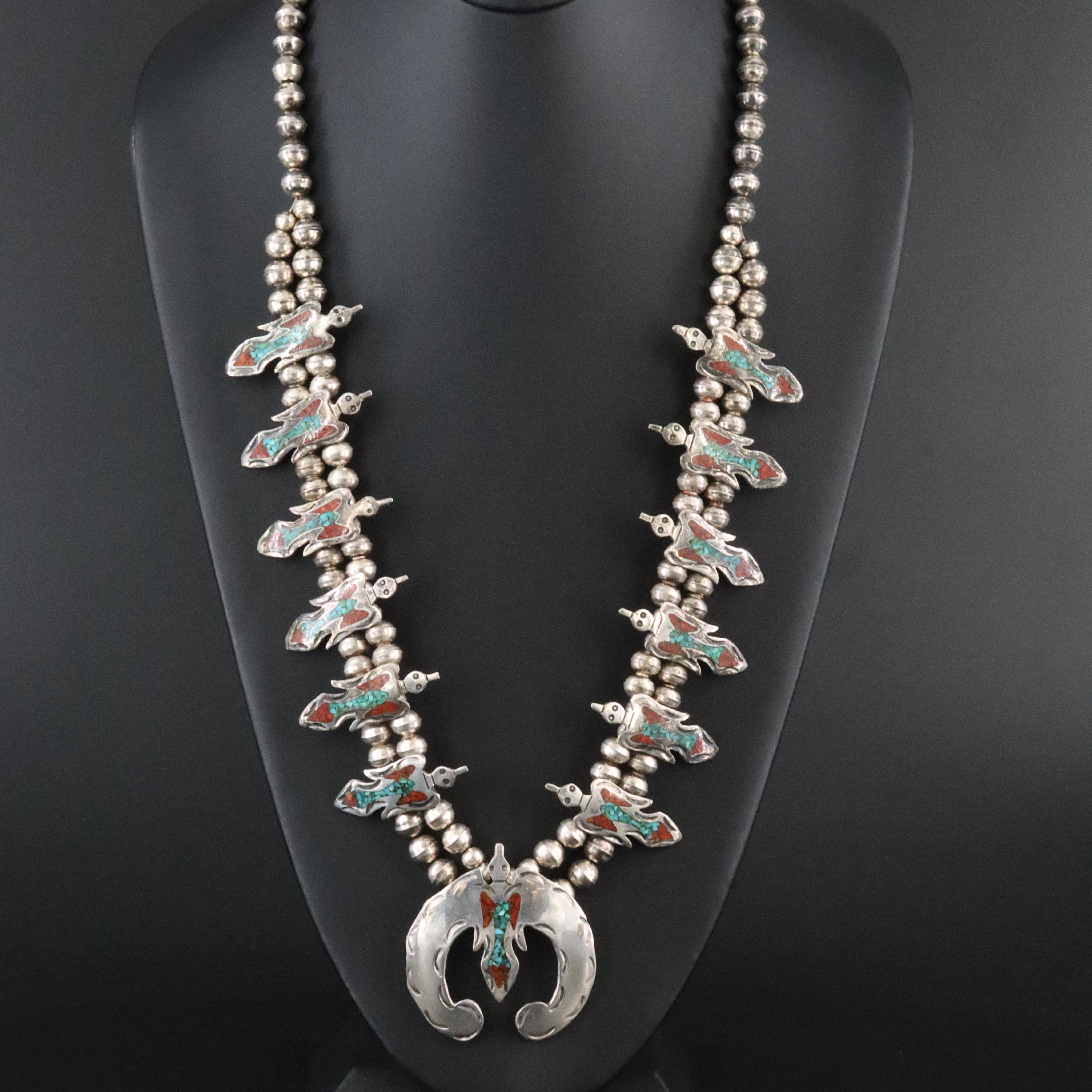 Southwestern Sterling Turquoise and Coral Thunderbird Necklace
