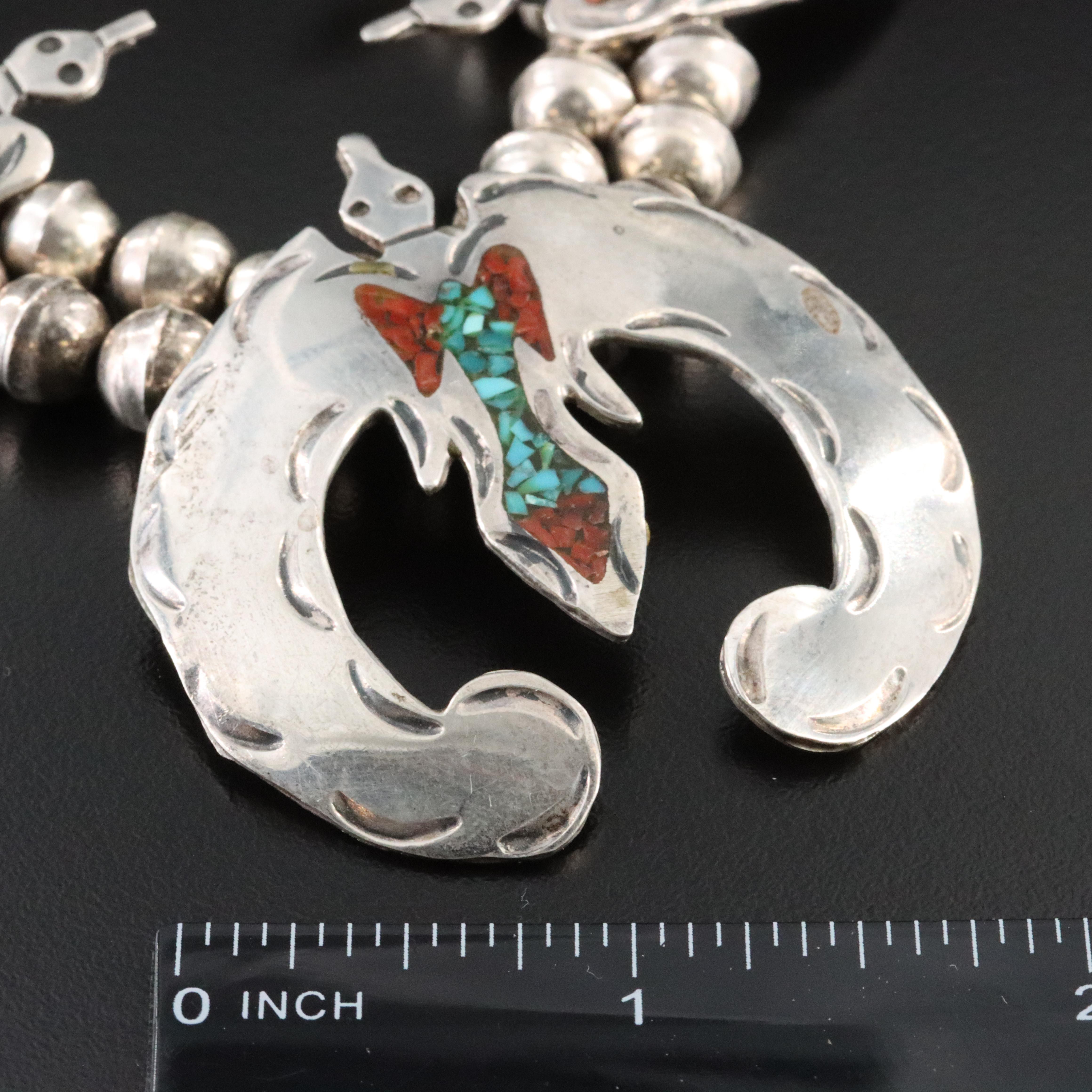 Southwestern Sterling Turquoise and Coral Thunderbird Necklace