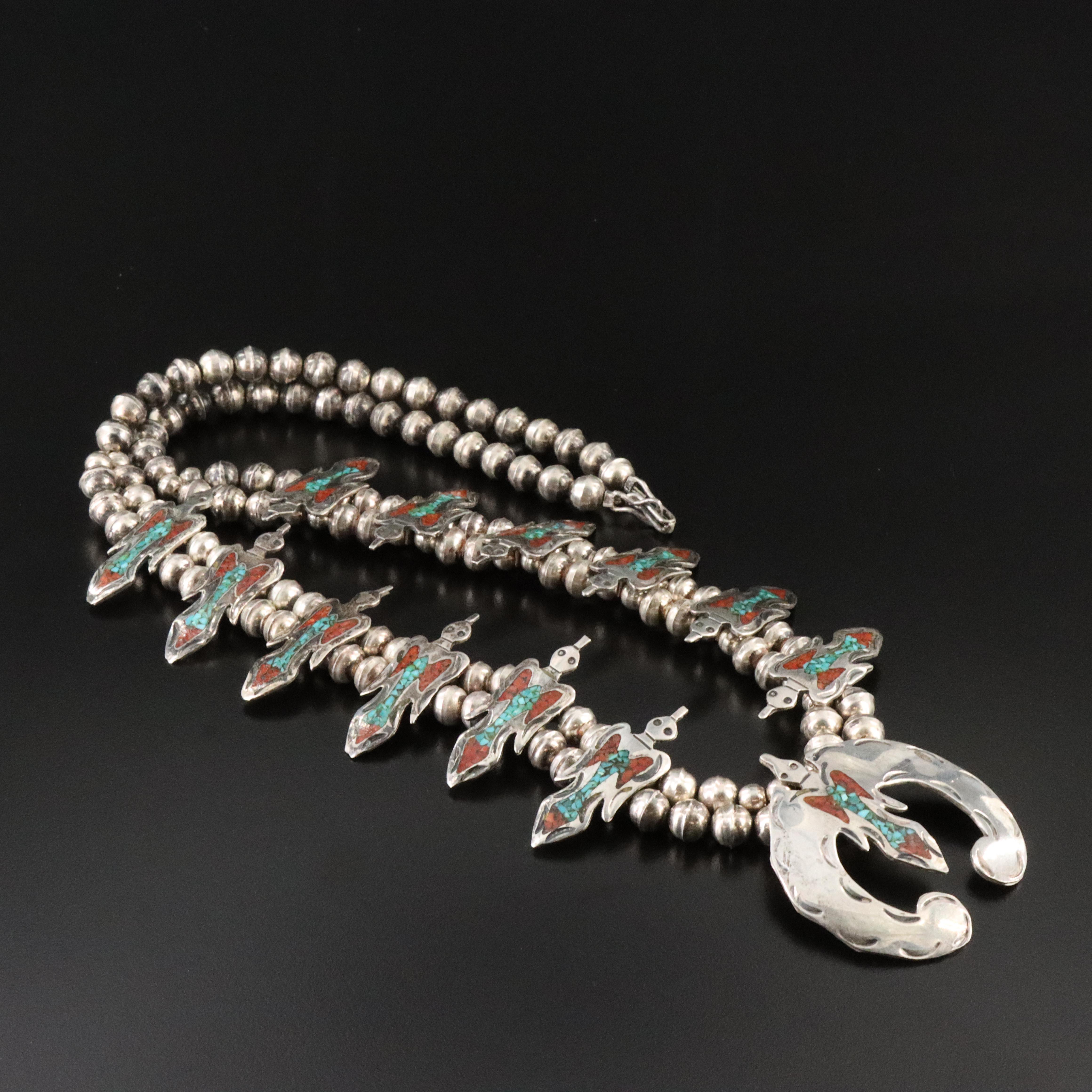 Southwestern Sterling Turquoise and Coral Thunderbird Necklace