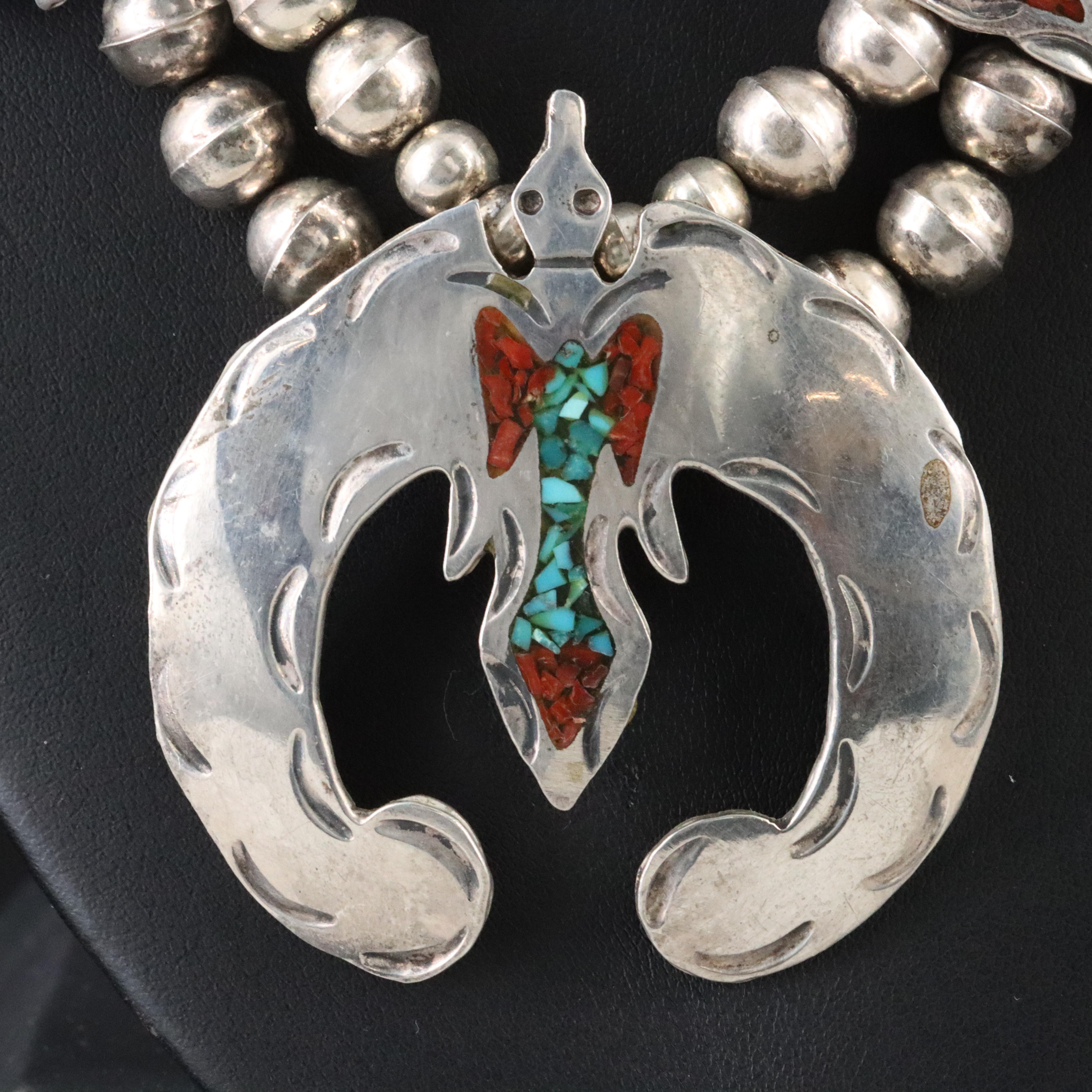 Southwestern Sterling Turquoise and Coral Thunderbird Necklace
