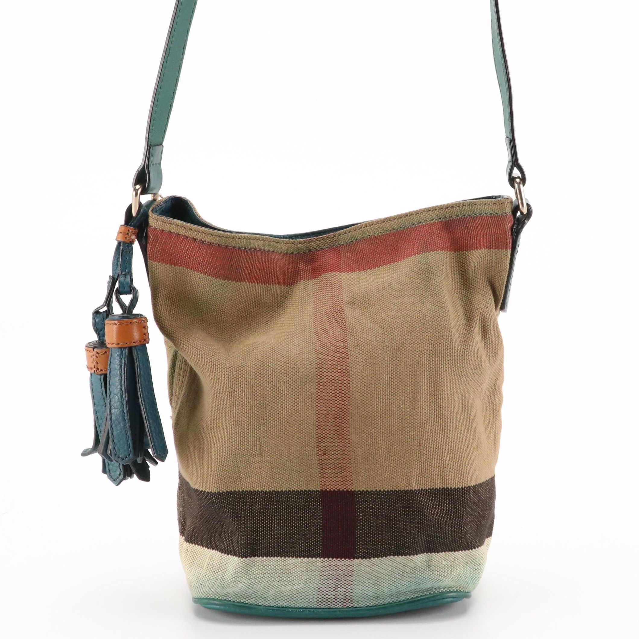 Burberry Ashby Bucket Bag in "Exploded Check" Canvas and Green Leather