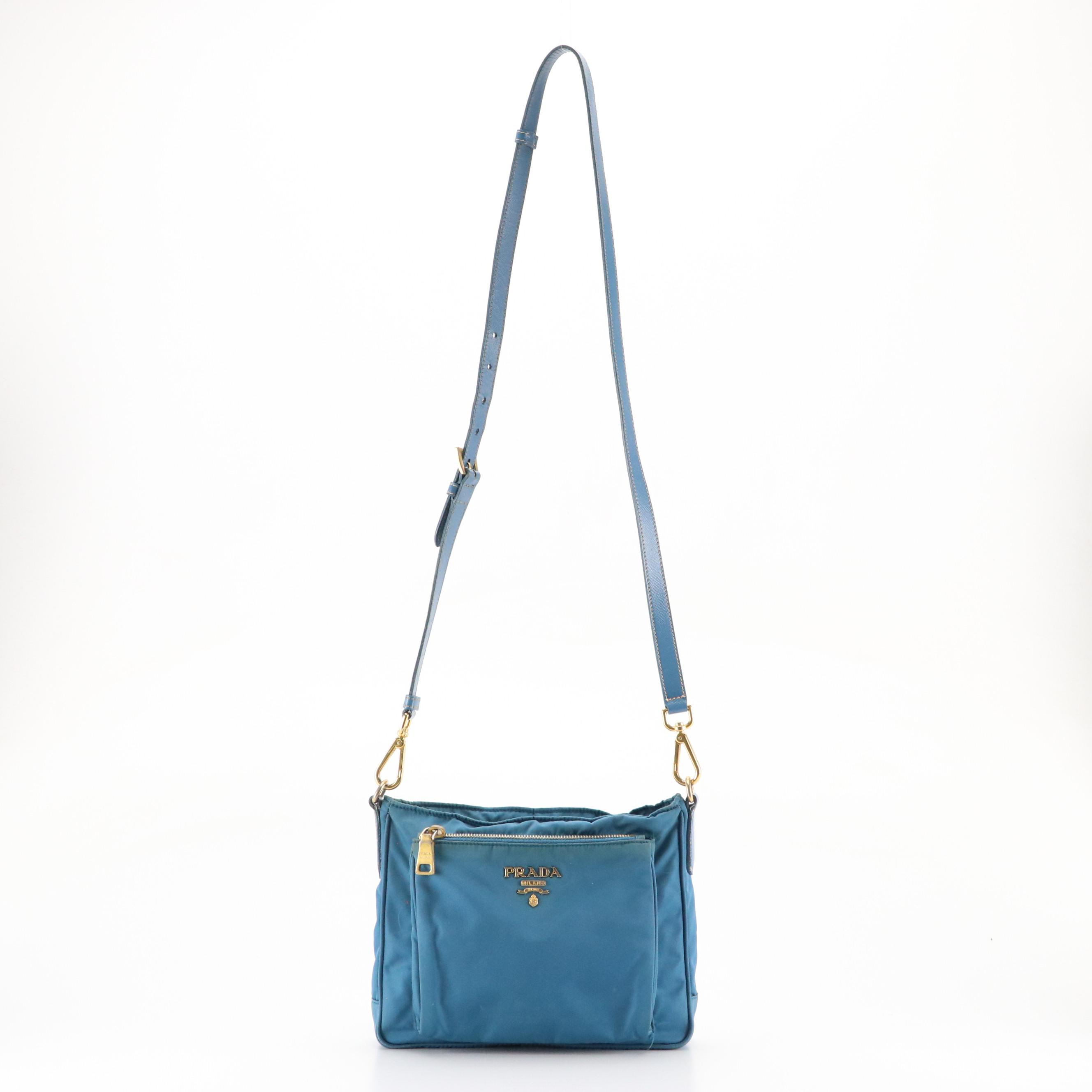Prada Front Pocket Messenge Crossbody Bag in Blue Tessuto Nylon and Leather Trim