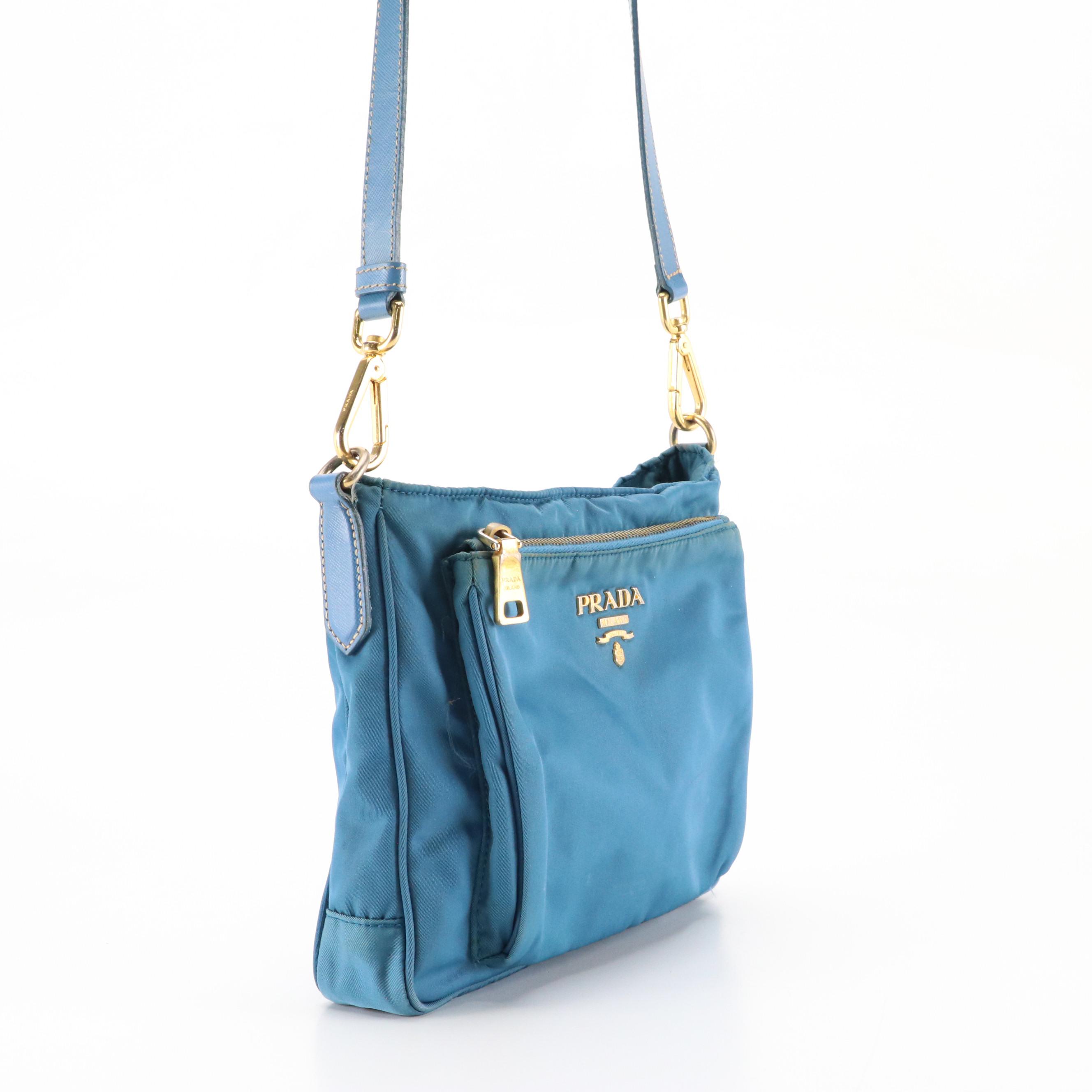 Prada Front Pocket Messenge Crossbody Bag in Blue Tessuto Nylon and Leather Trim