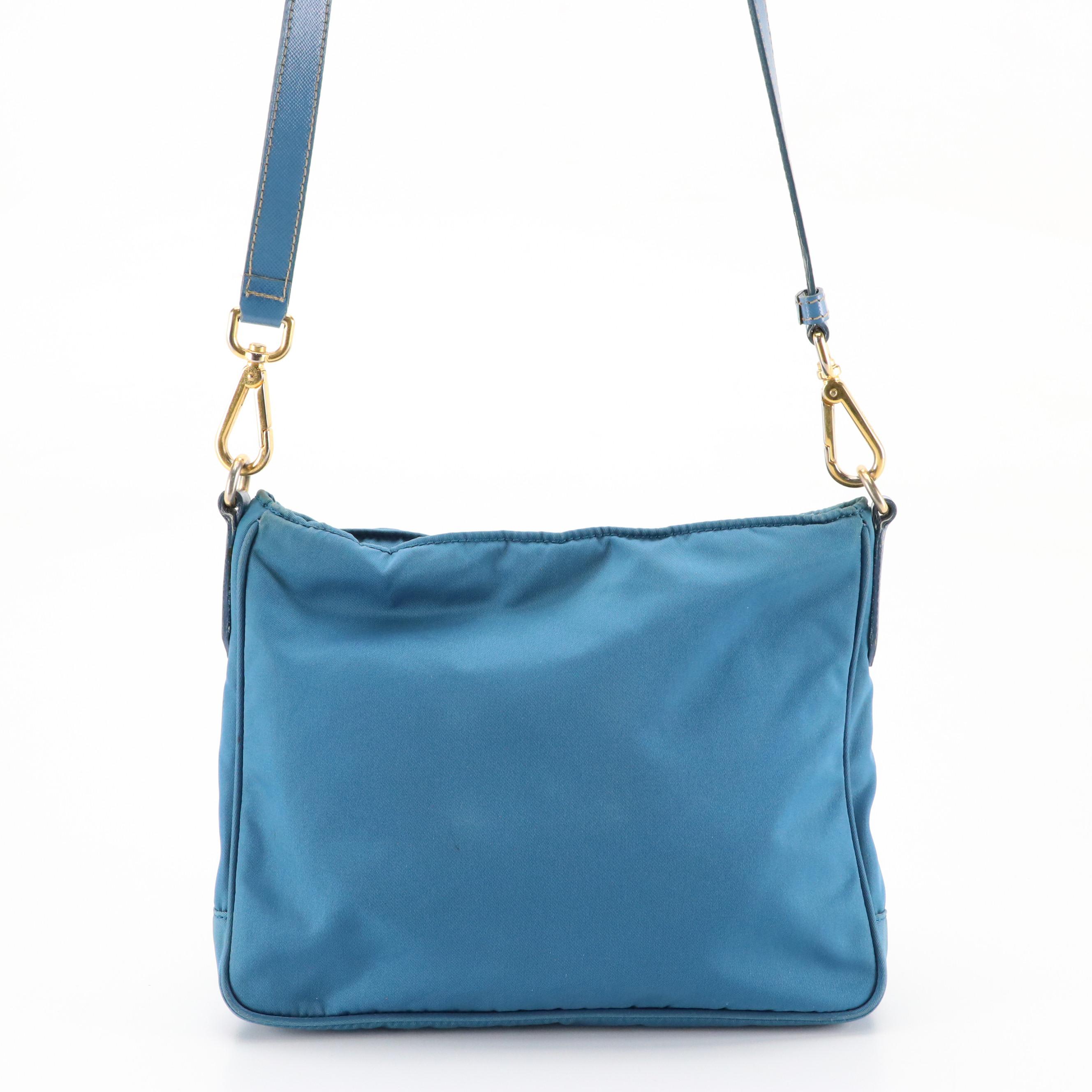 Prada Front Pocket Messenge Crossbody Bag in Blue Tessuto Nylon and Leather Trim