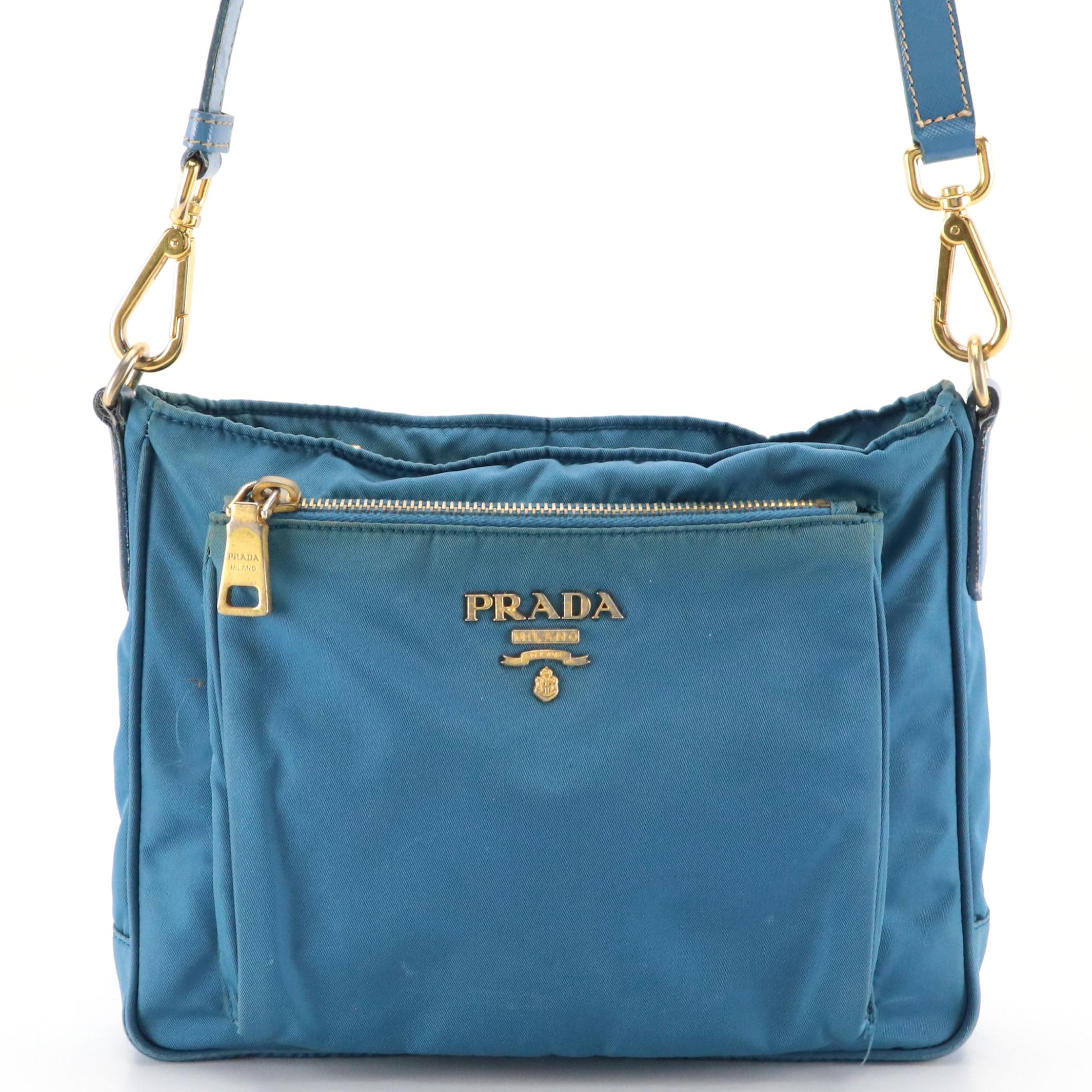 Prada Front Pocket Messenge Crossbody Bag in Blue Tessuto Nylon and Leather Trim