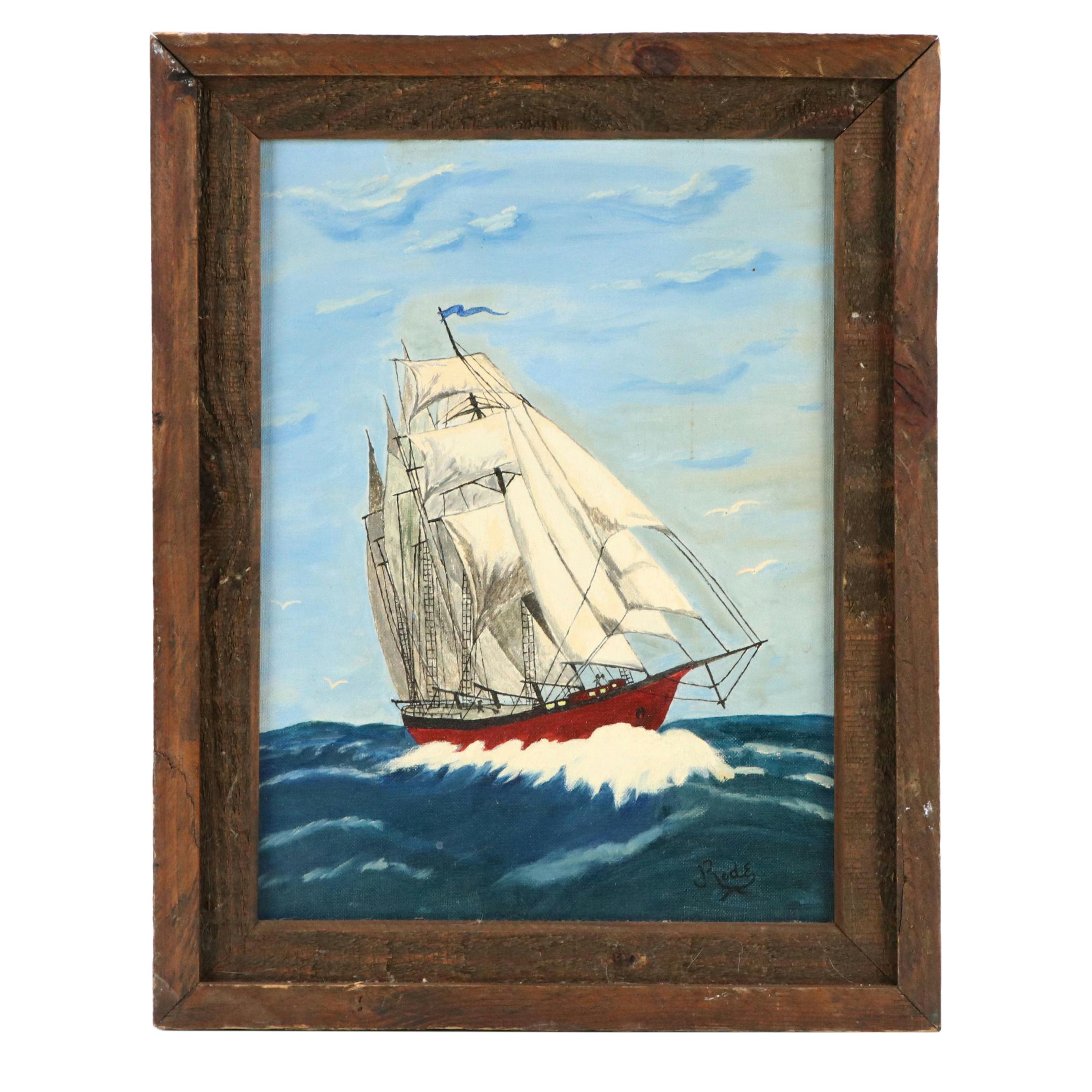 Maritime Oil Painting with Clipper Ship, Late 20th Century