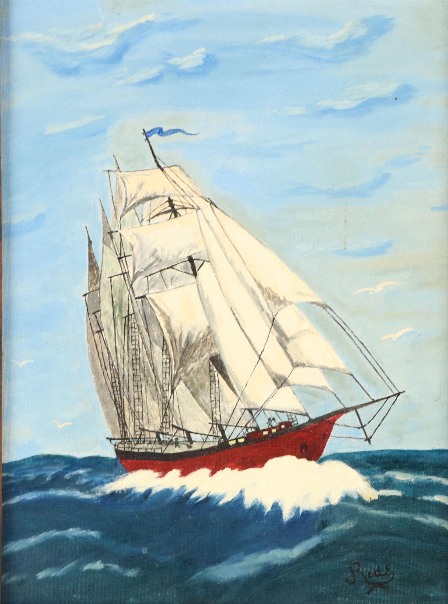 Maritime Oil Painting with Clipper Ship, Late 20th Century