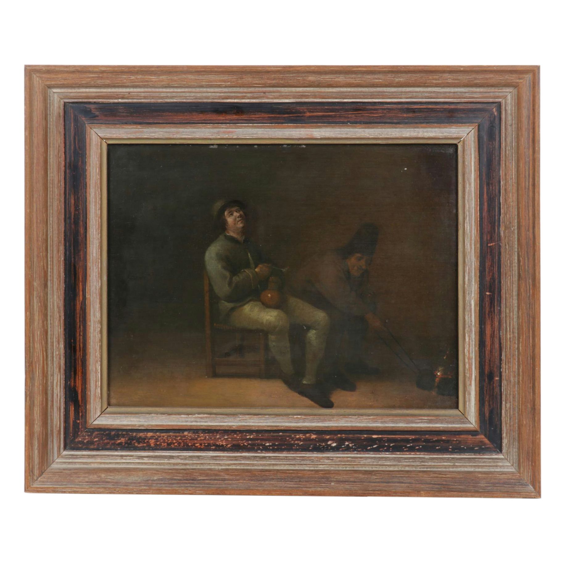 Flemish Style Oil on Board Painting of Men Smoking