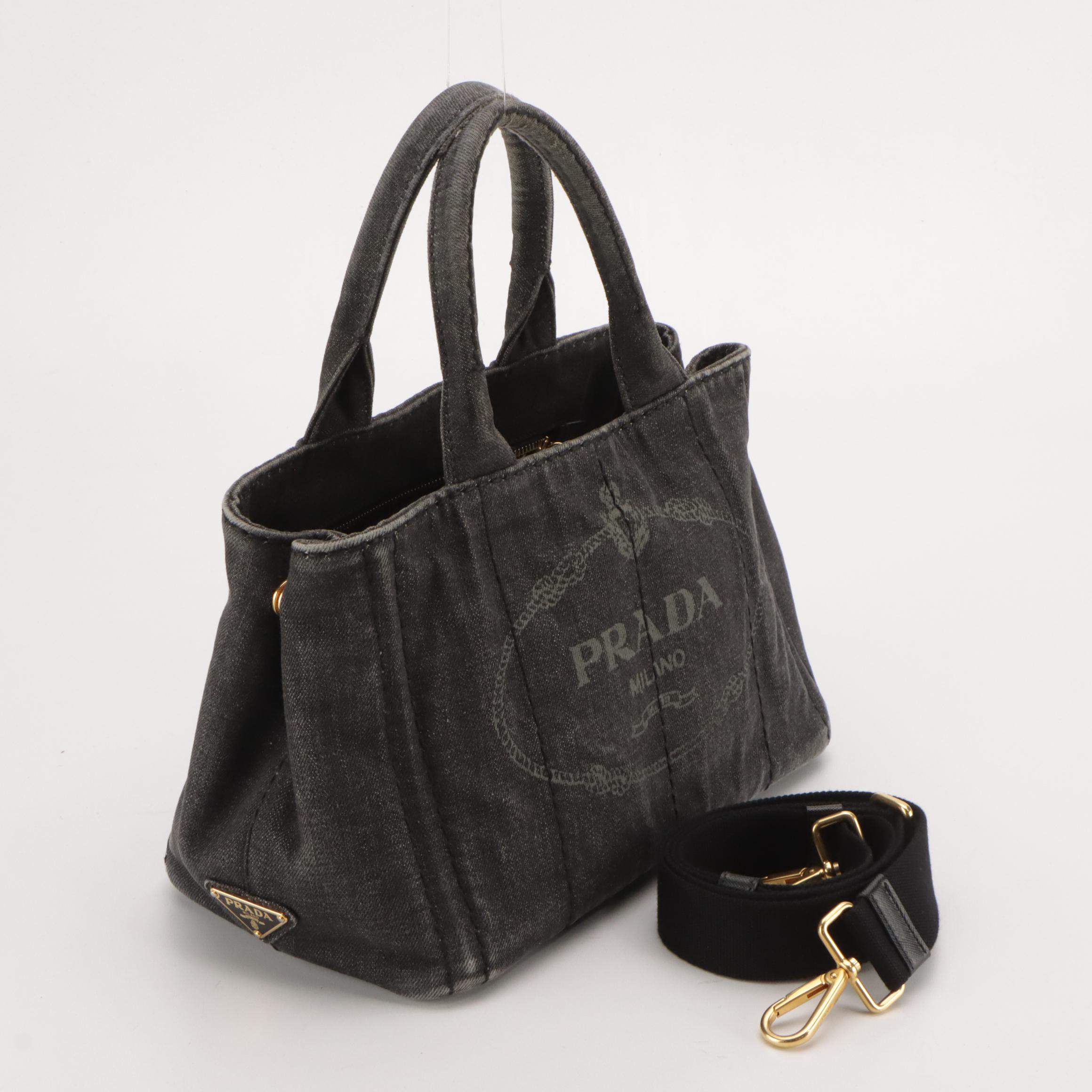 Prada Small Canapa Logo Two-Way Tote in Dark Cotton Denim