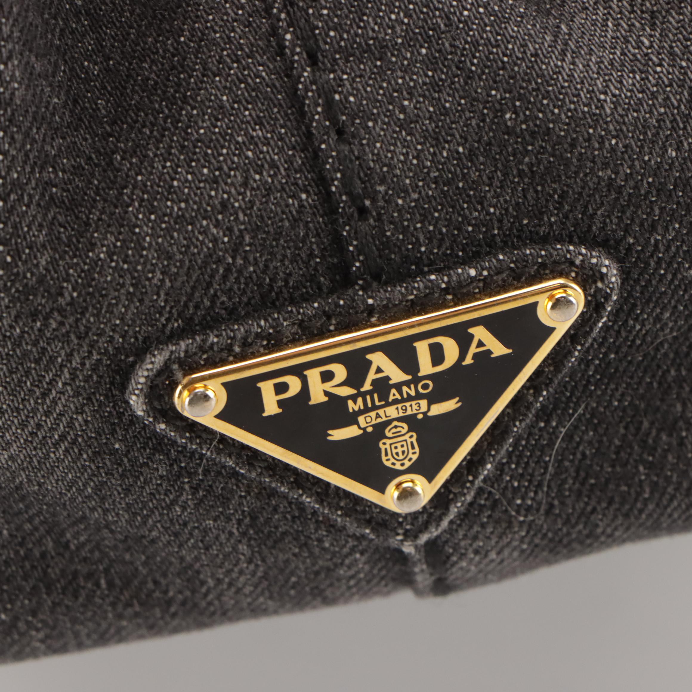 Prada Small Canapa Logo Two-Way Tote in Dark Cotton Denim