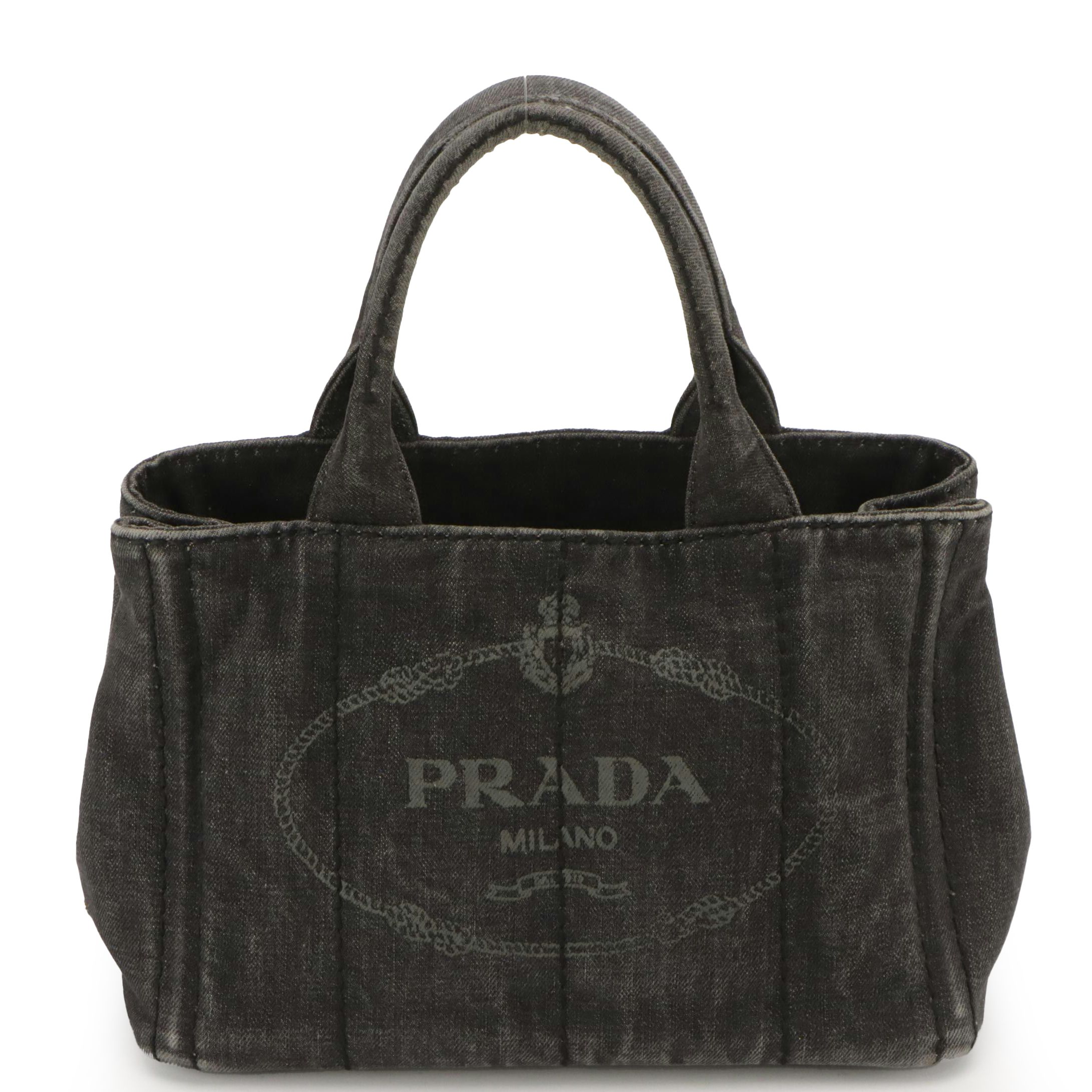 Prada Small Canapa Logo Two-Way Tote in Dark Cotton Denim