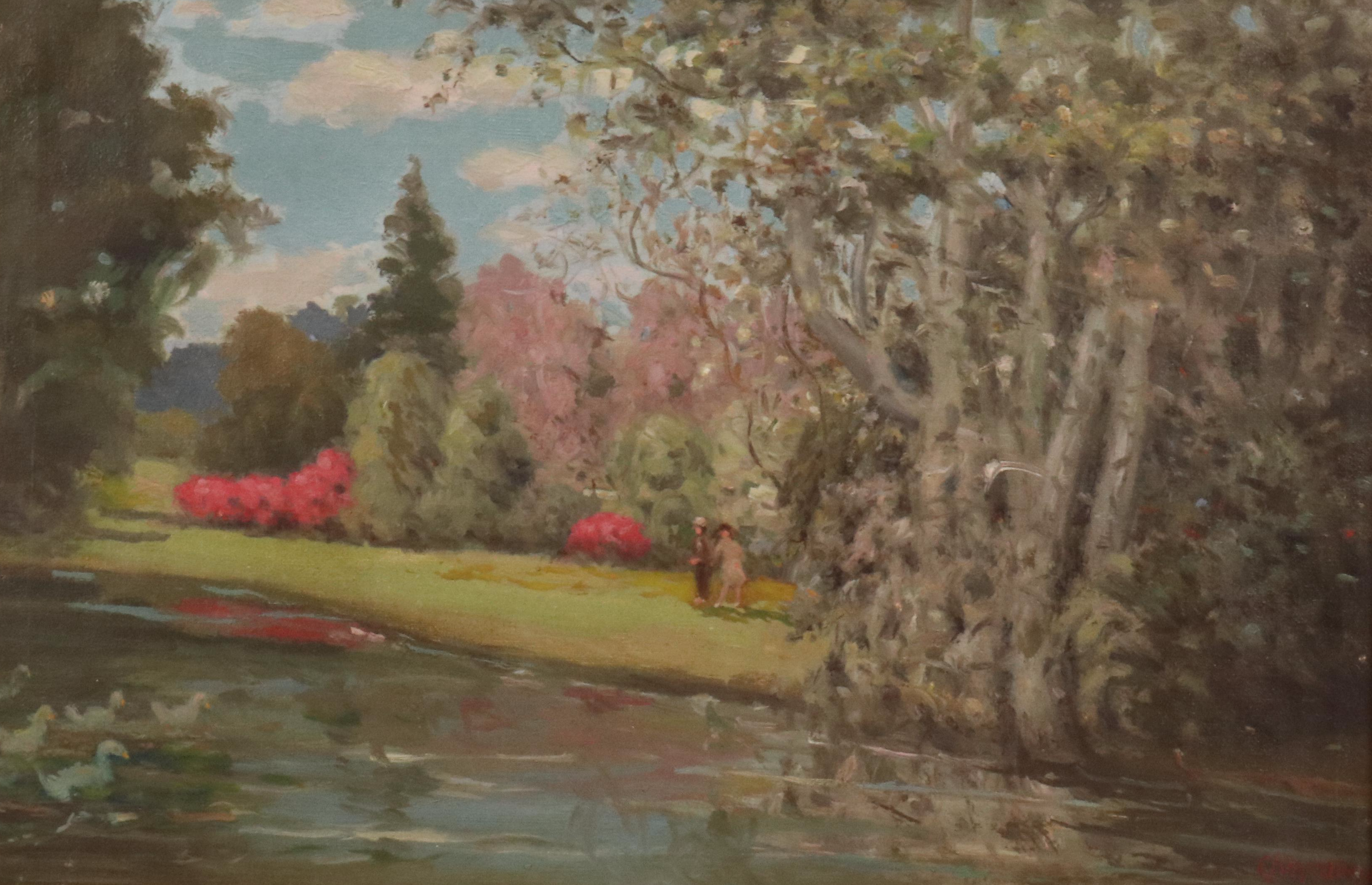 Charles Alfred Meurer Landscape Oil Painting "Ducks on Pond," 1941