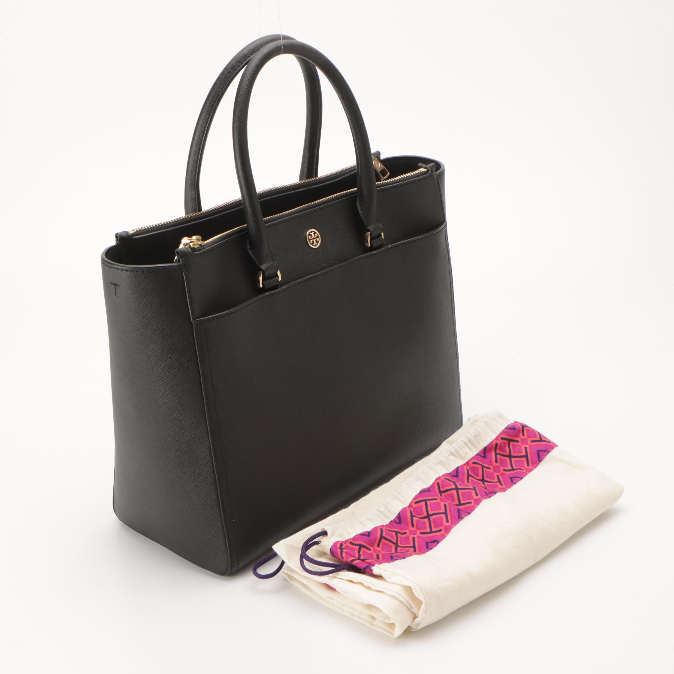 Tory Burch "Robinson" Double-Zip Tote Bag in Black Saffiano Leather