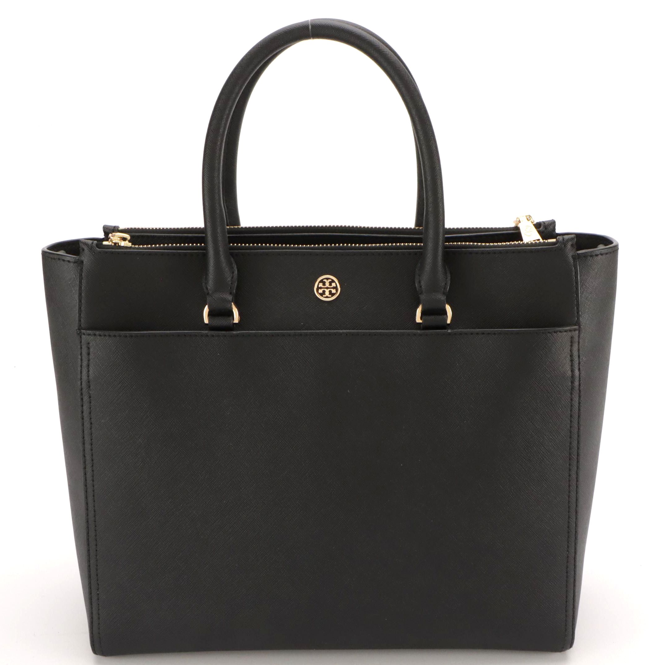 Tory Burch "Robinson" Double-Zip Tote Bag in Black Saffiano Leather